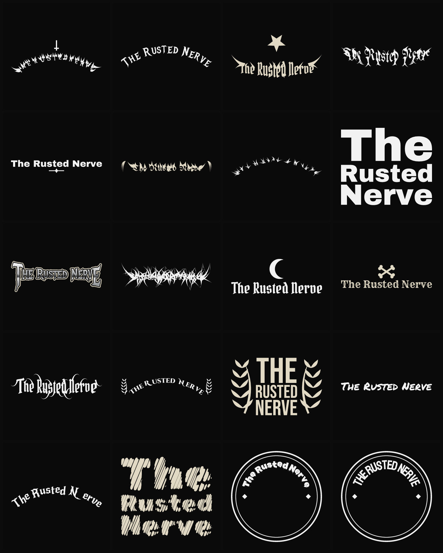 Twenty The Rusted Nerve band logo ideas — different faces, treatments and spike settings