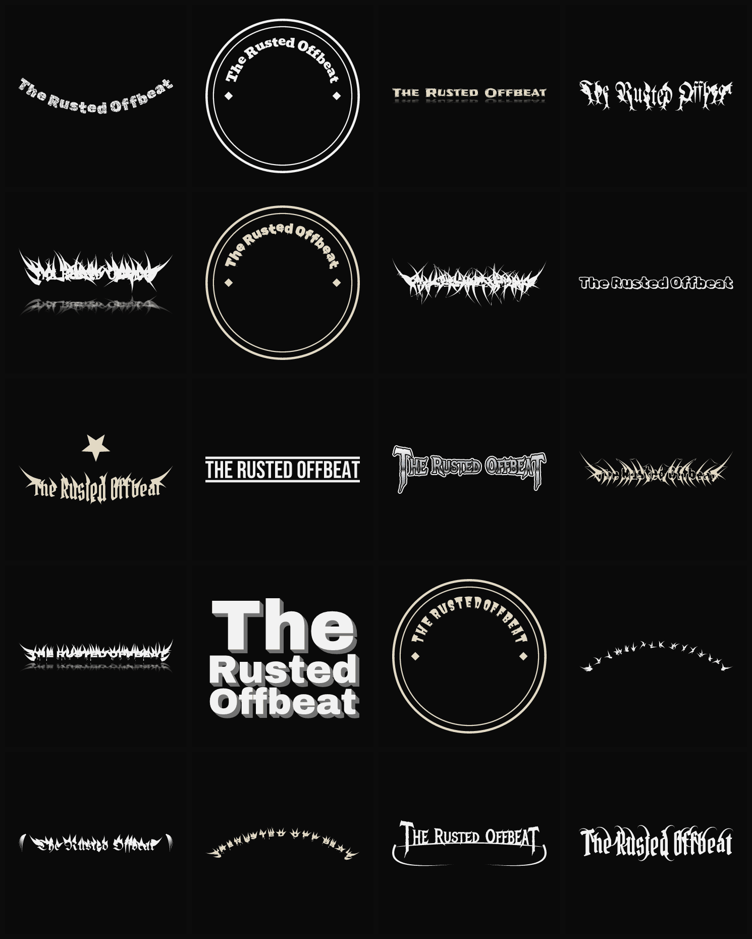 Twenty The Rusted Offbeat band logo ideas — different faces, treatments and spike settings