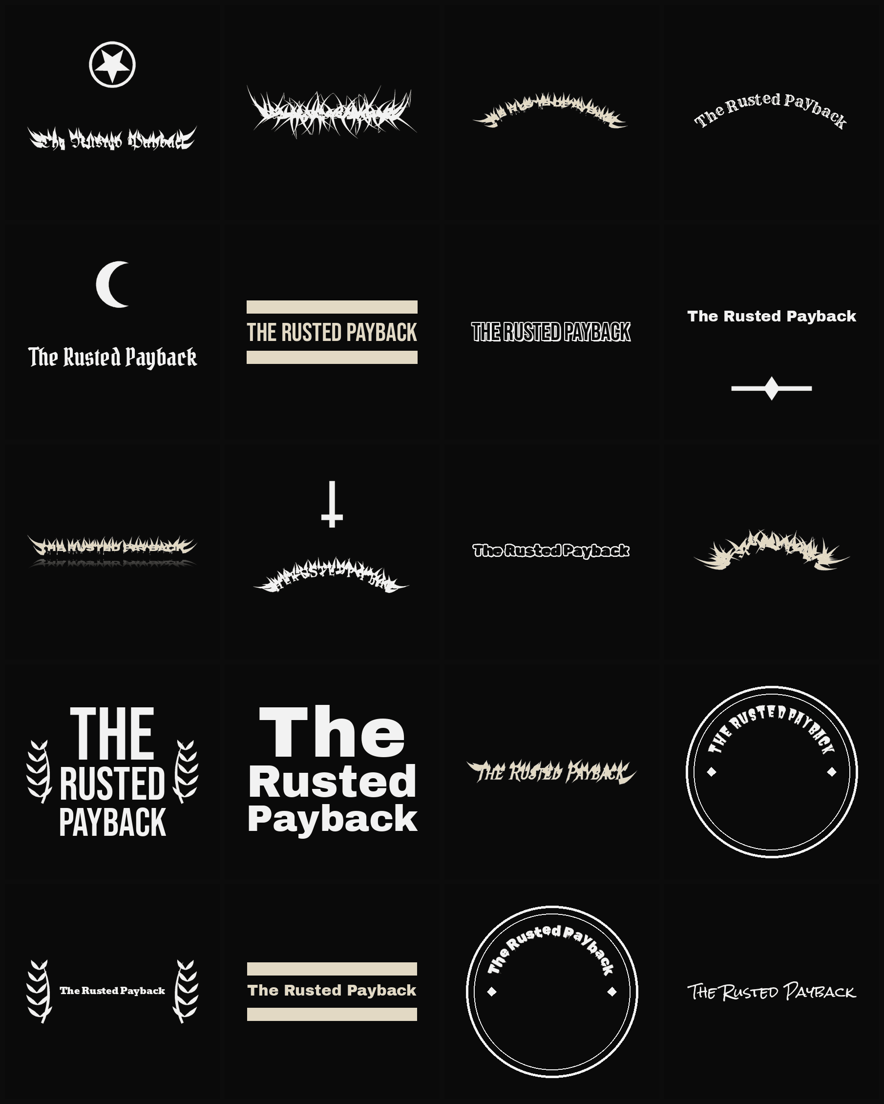 Twenty The Rusted Payback band logo ideas — different faces, treatments and spike settings