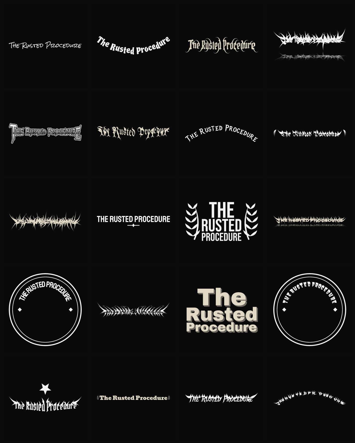 Twenty The Rusted Procedure band logo ideas — different faces, treatments and spike settings