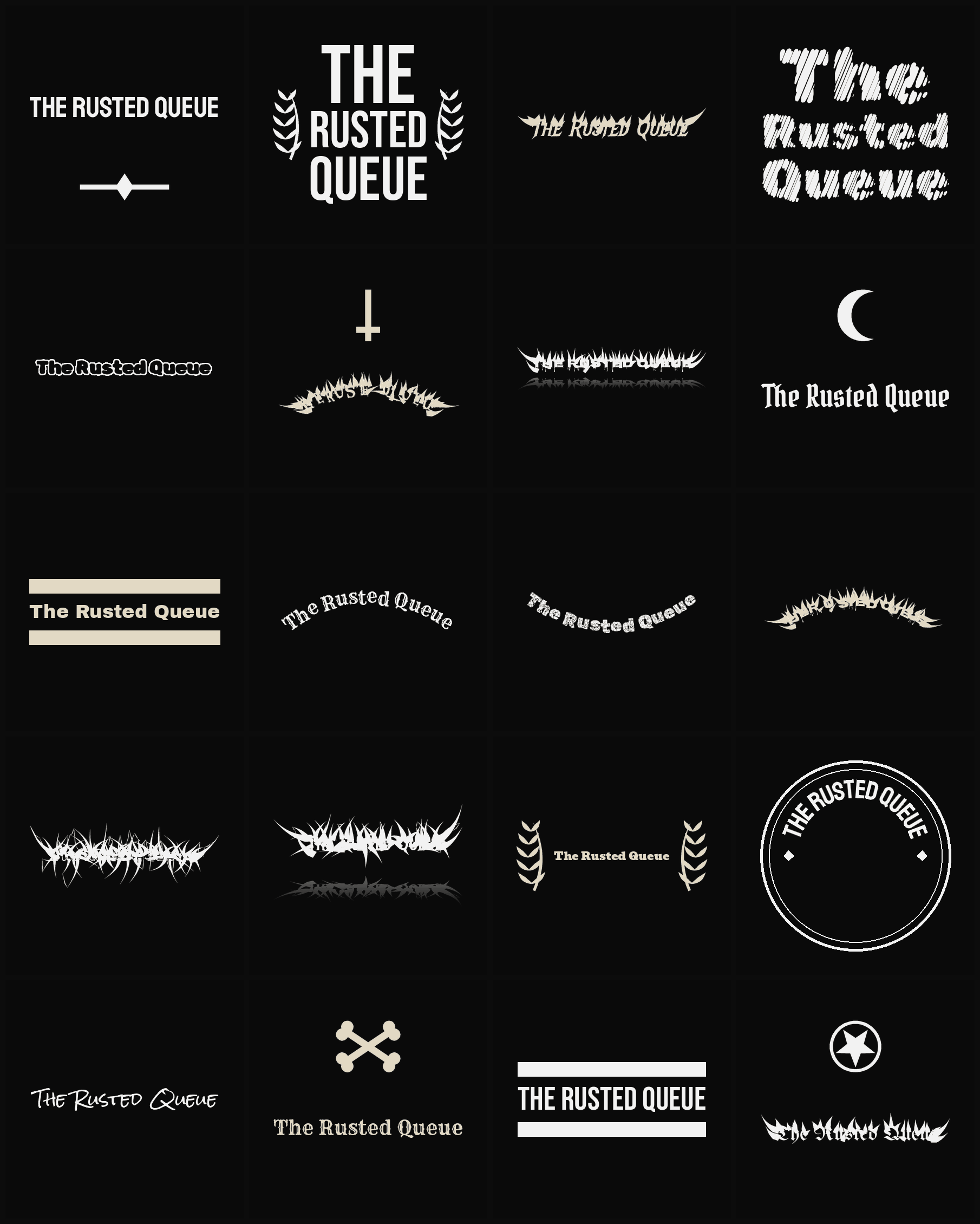 Twenty The Rusted Queue band logo ideas — different faces, treatments and spike settings