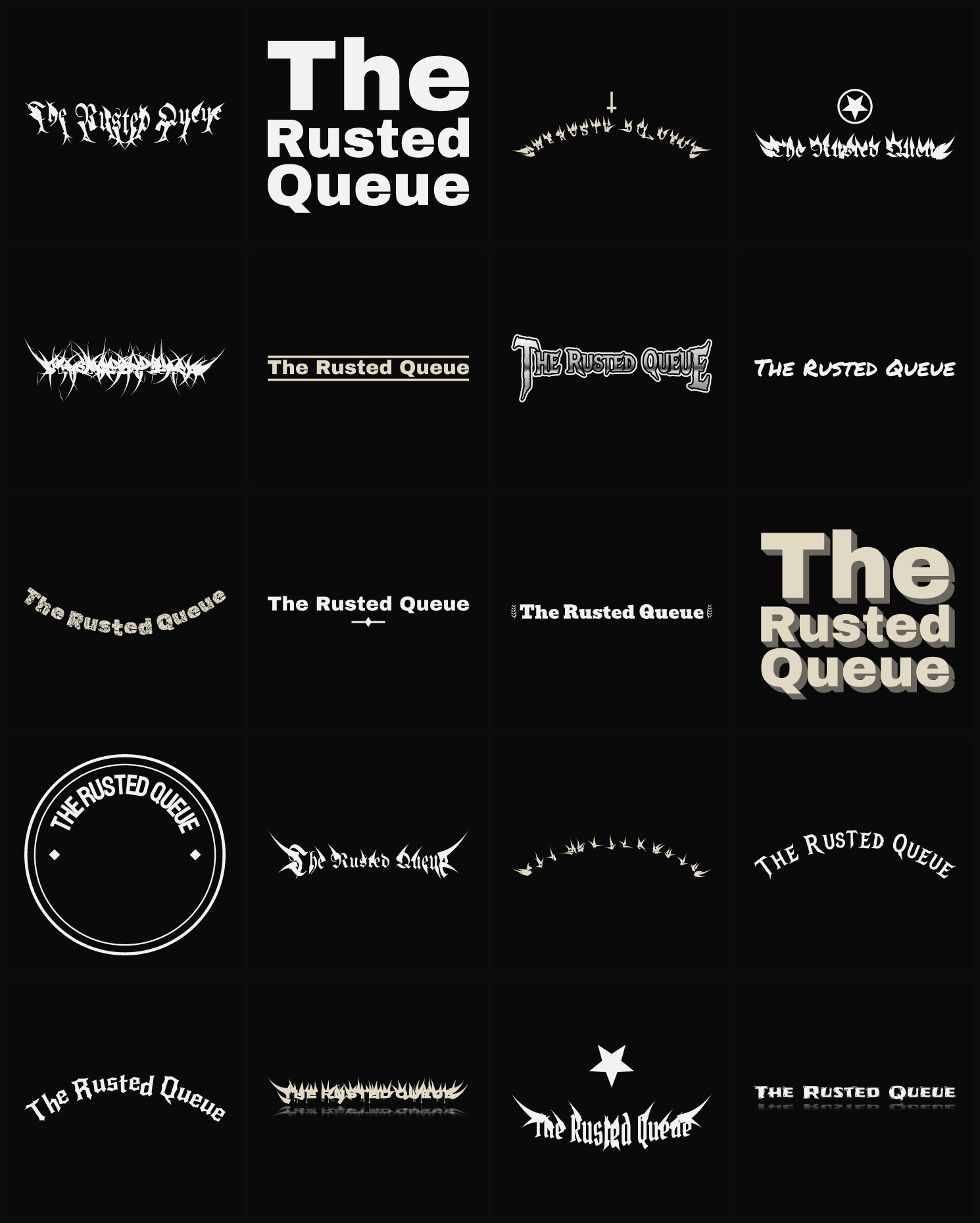 Twenty The Rusted Queue band logo ideas — different faces, treatments and spike settings