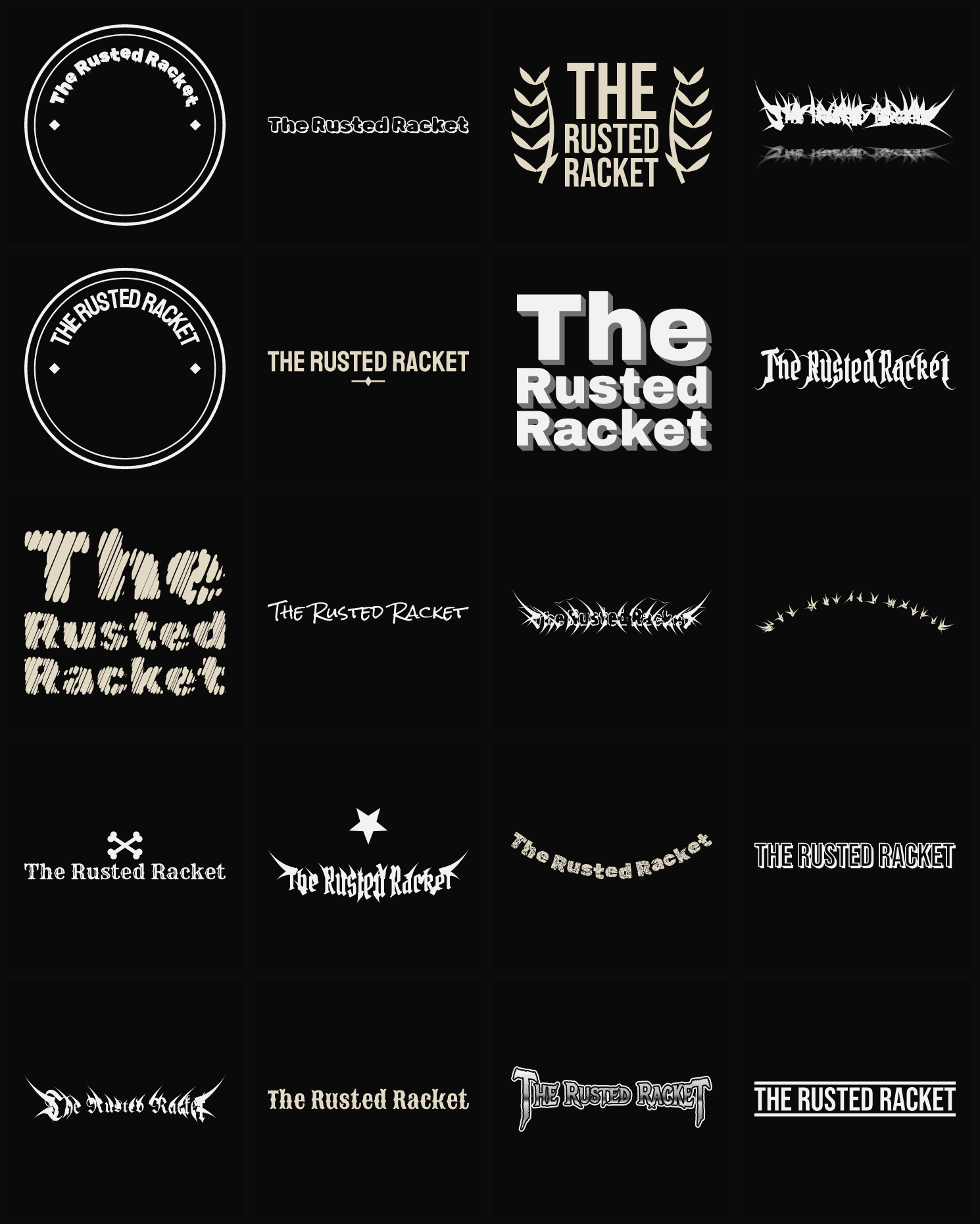 Twenty The Rusted Racket band logo ideas — different faces, treatments and spike settings
