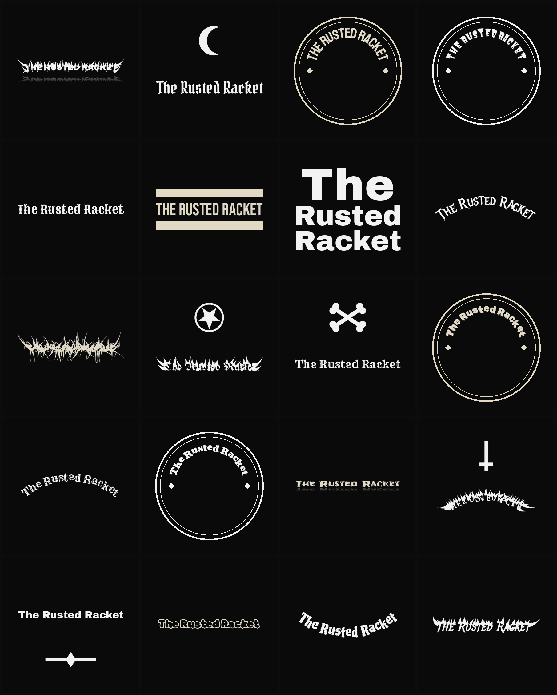 Twenty The Rusted Racket band logo ideas — different faces, treatments and spike settings
