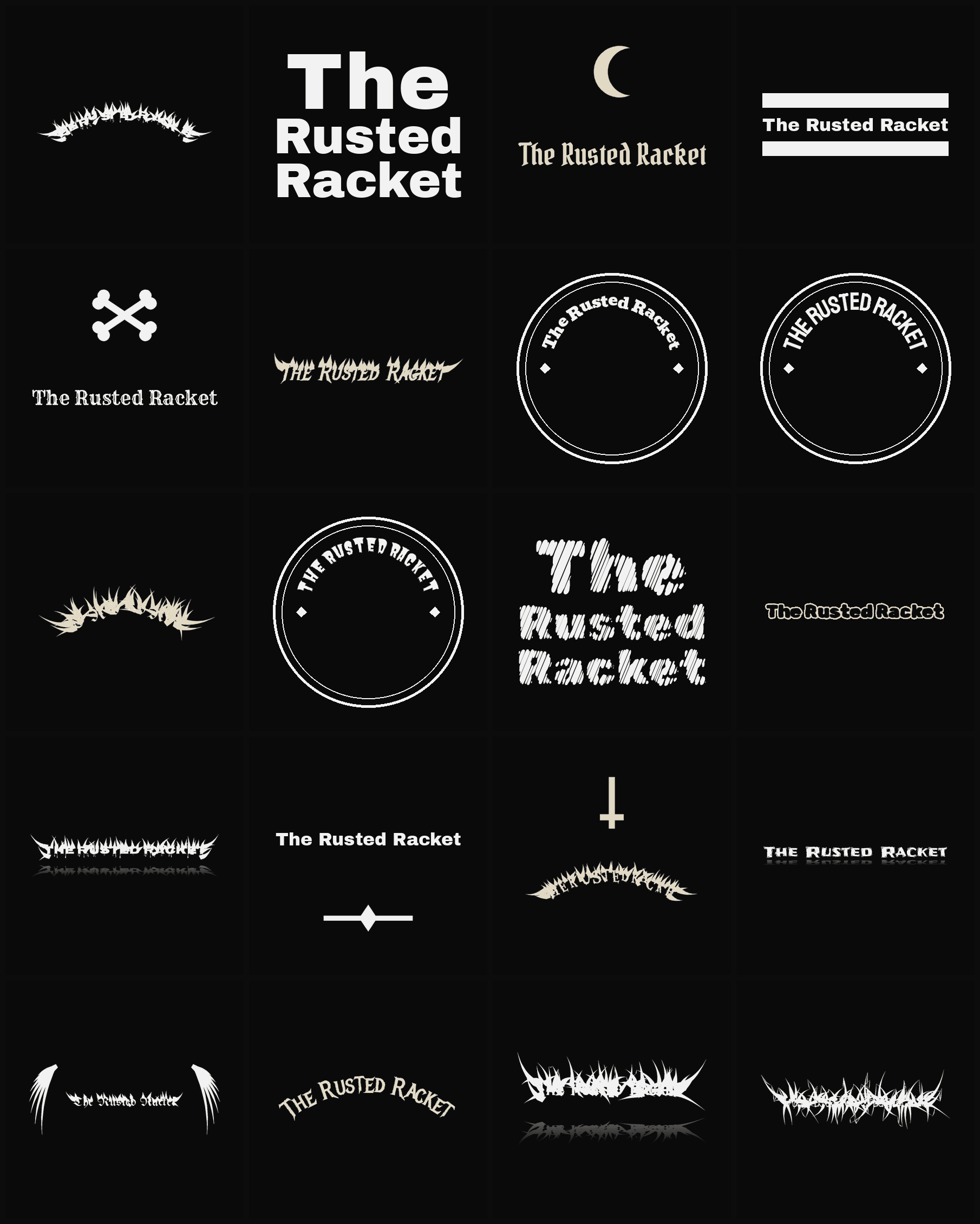 Twenty The Rusted Racket band logo ideas — different faces, treatments and spike settings