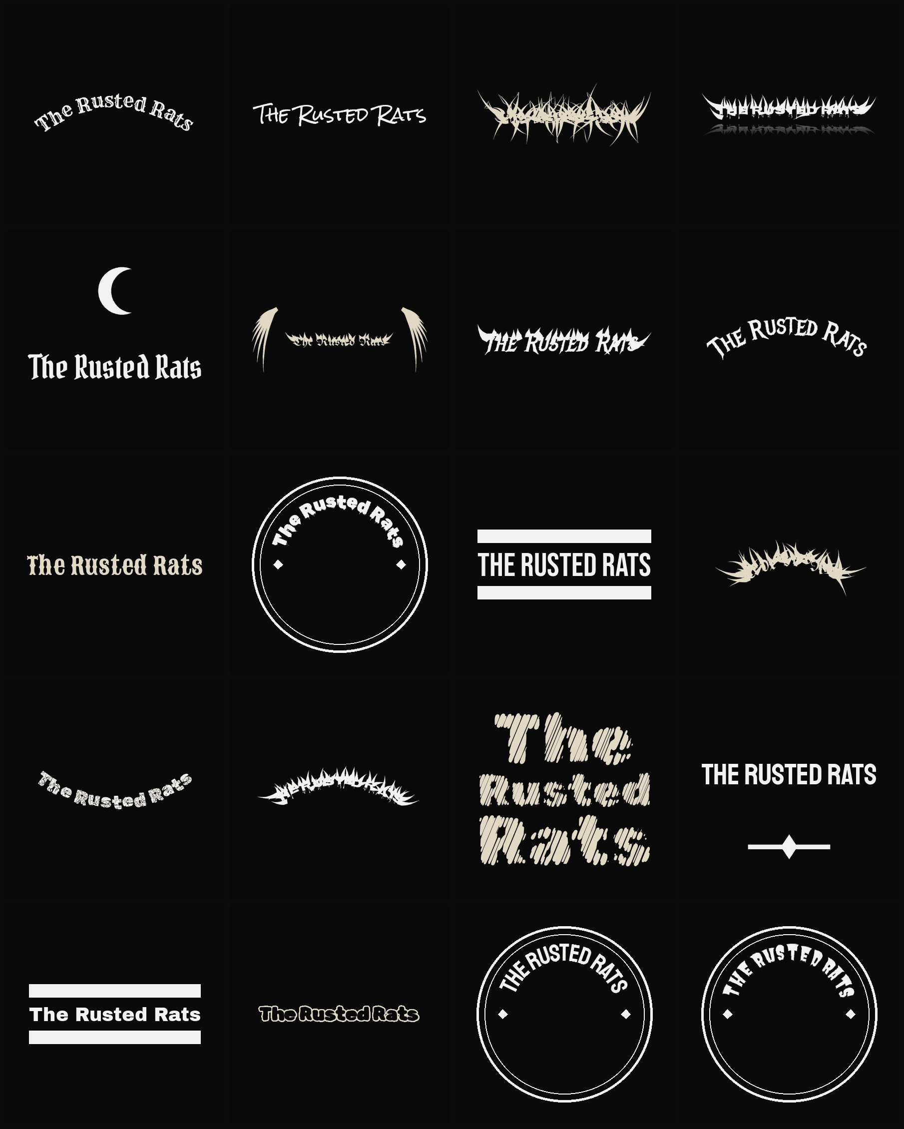 Twenty The Rusted Rats band logo ideas — different faces, treatments and spike settings