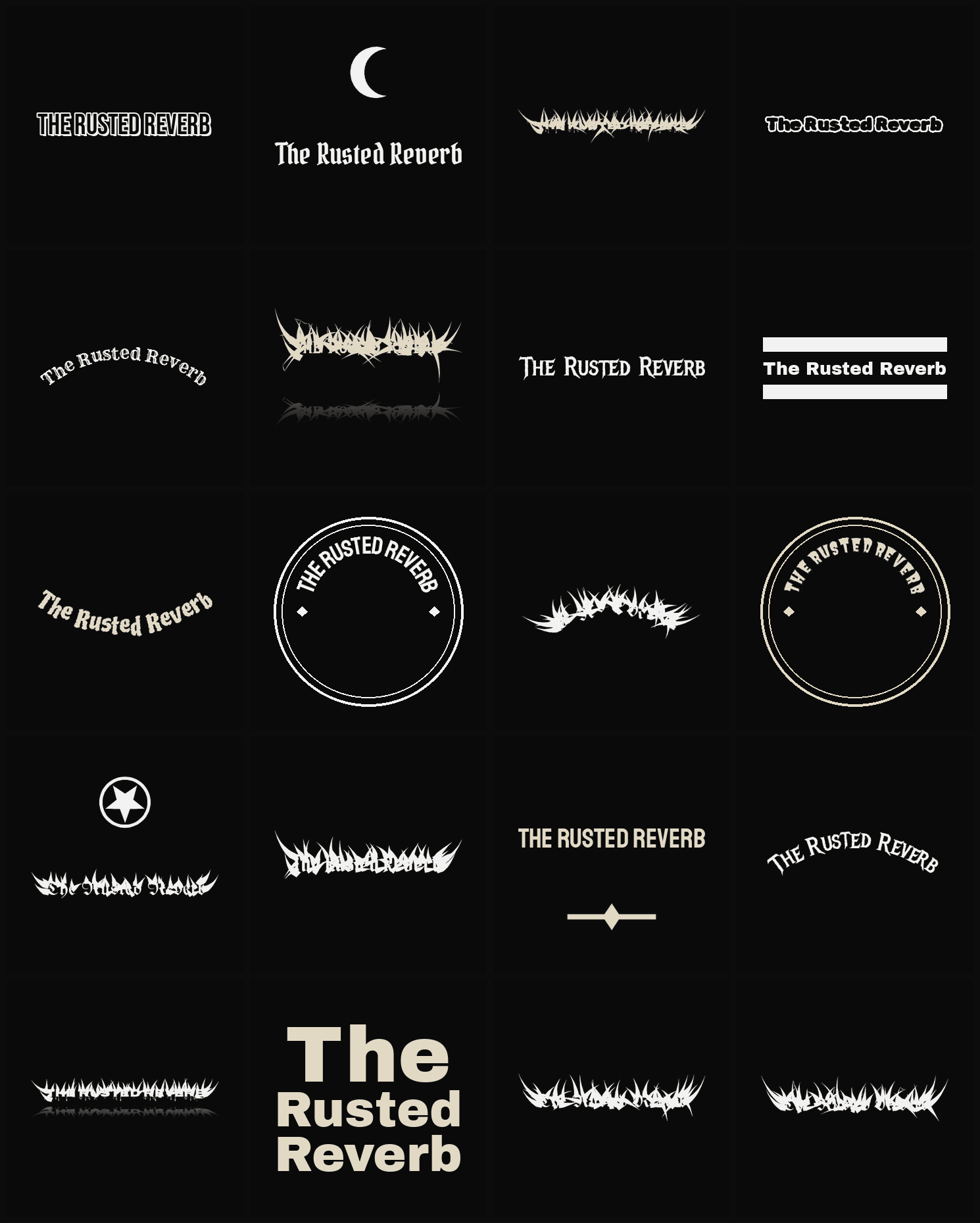 Twenty The Rusted Reverb band logo ideas — different faces, treatments and spike settings