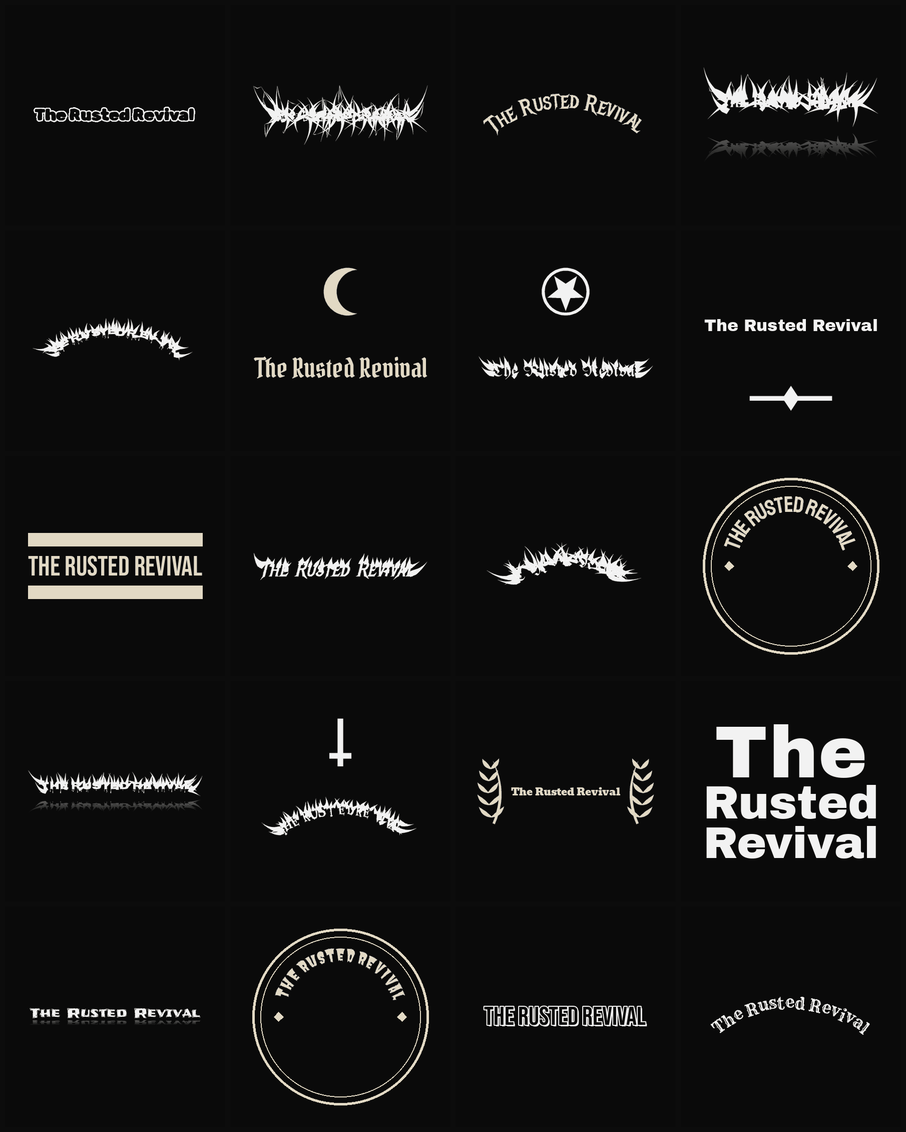 Twenty The Rusted Revival band logo ideas — different faces, treatments and spike settings