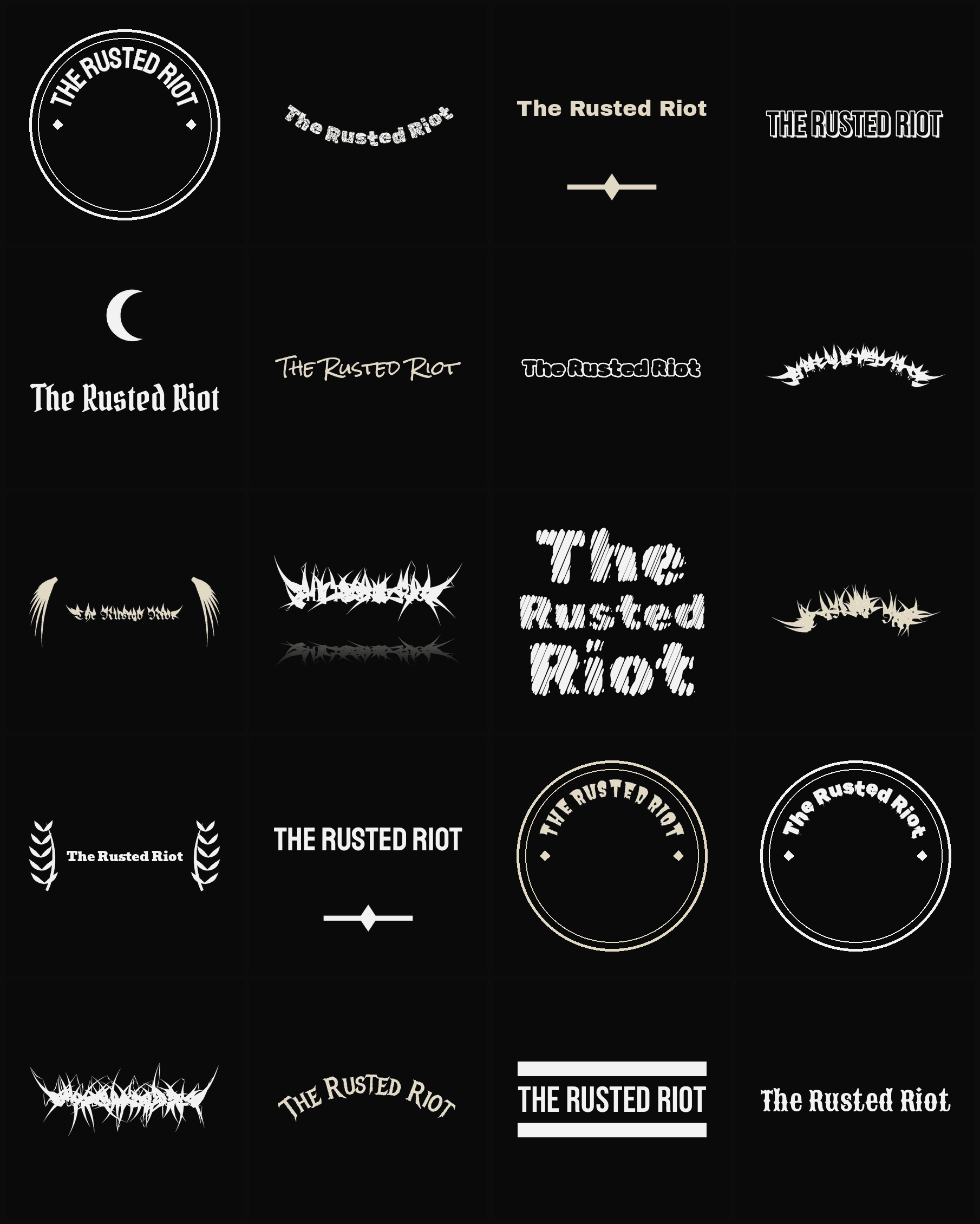 Twenty The Rusted Riot band logo ideas — different faces, treatments and spike settings