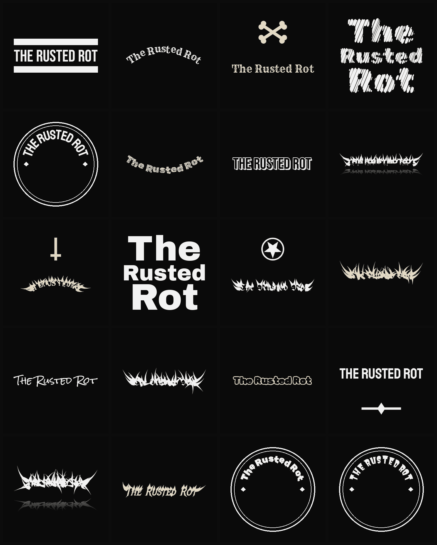 Twenty The Rusted Rot band logo ideas — different faces, treatments and spike settings