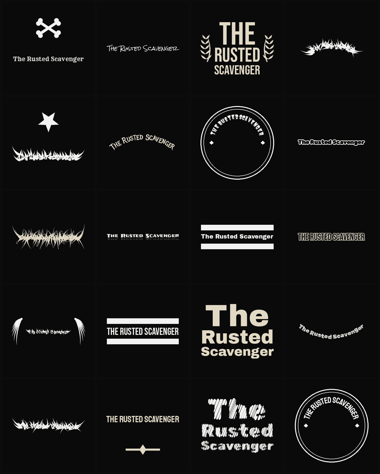 Twenty The Rusted Scavenger band logo ideas — different faces, treatments and spike settings