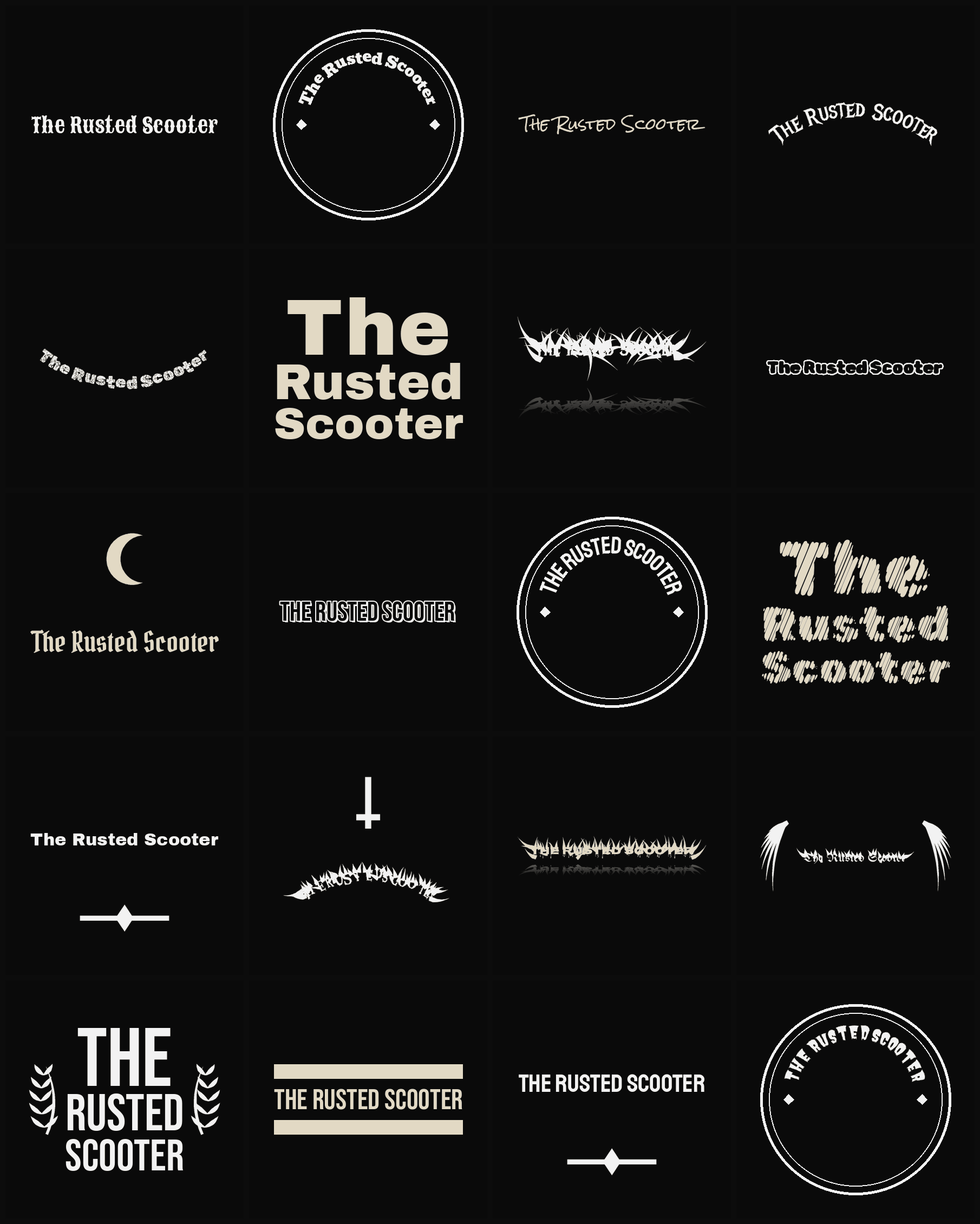Twenty The Rusted Scooter band logo ideas — different faces, treatments and spike settings