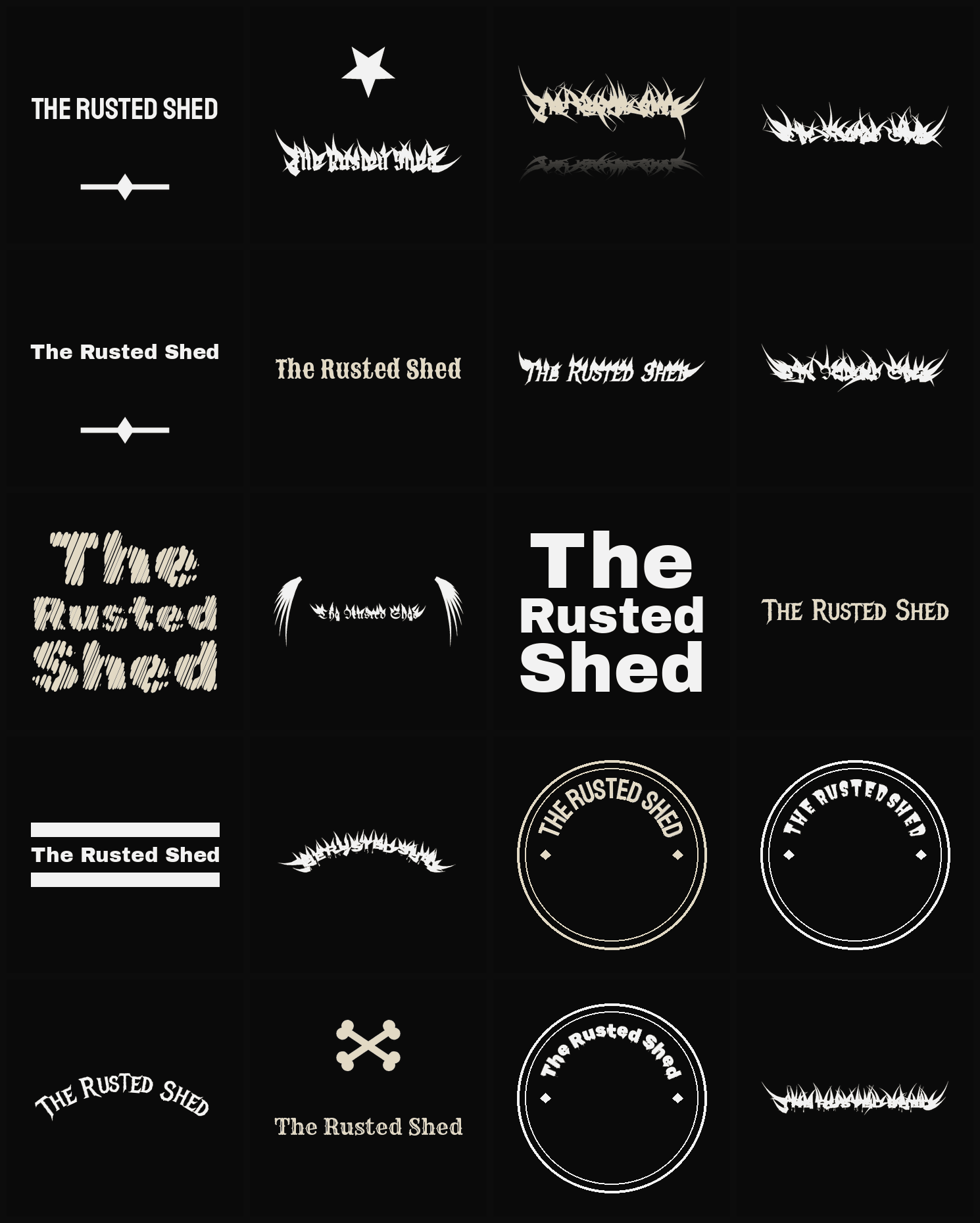 Twenty The Rusted Shed band logo ideas — different faces, treatments and spike settings