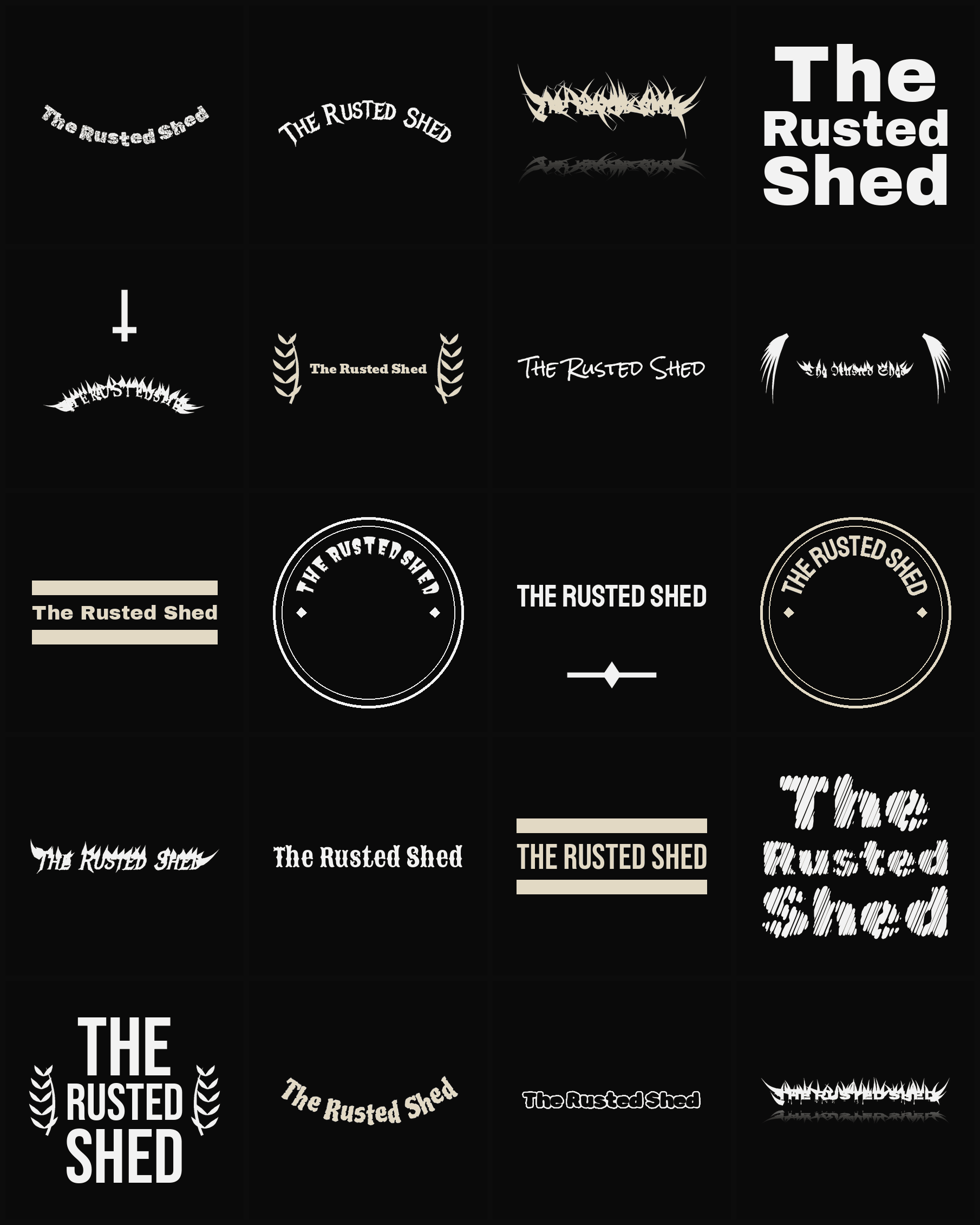 Twenty The Rusted Shed band logo ideas — different faces, treatments and spike settings