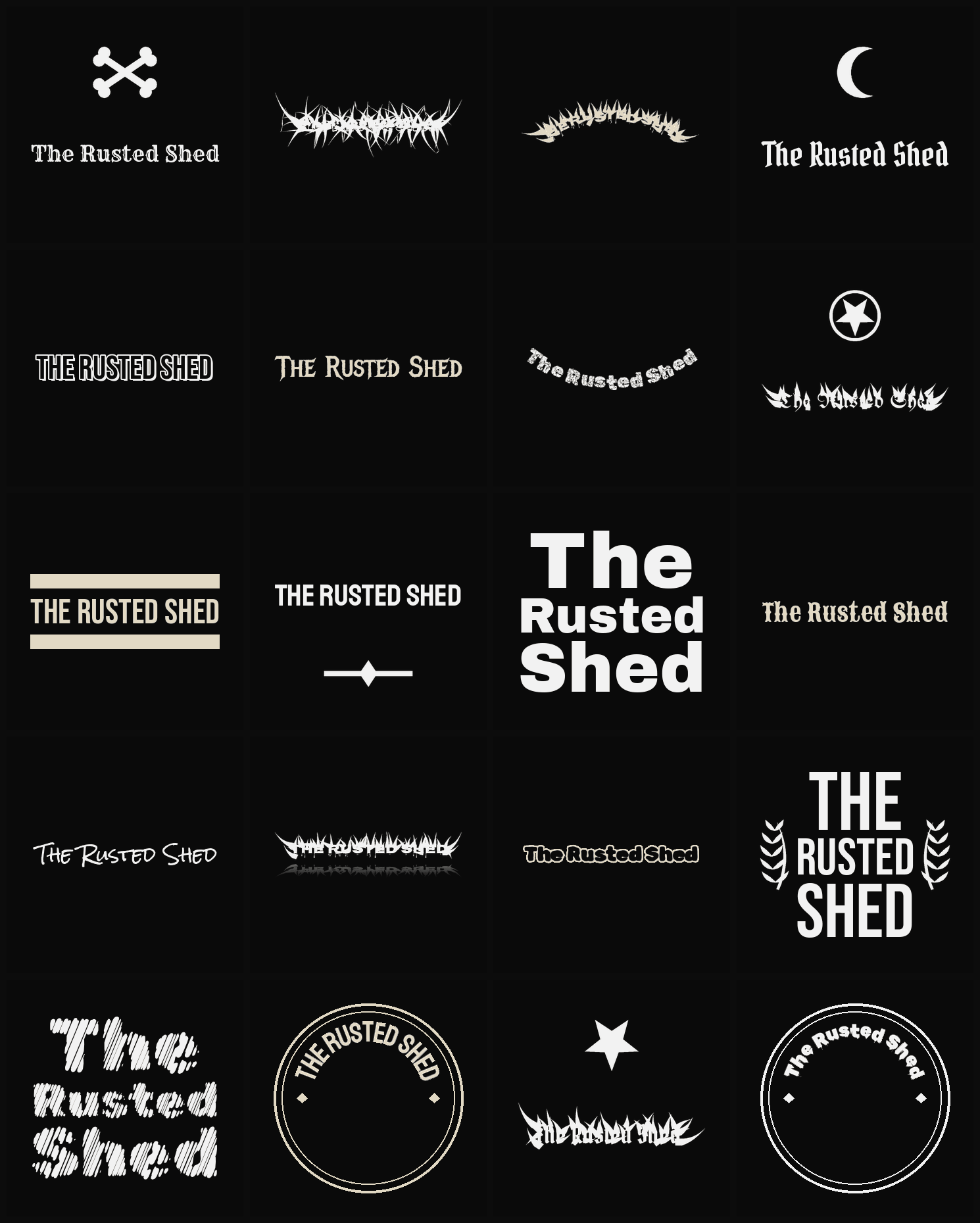 Twenty The Rusted Shed band logo ideas — different faces, treatments and spike settings
