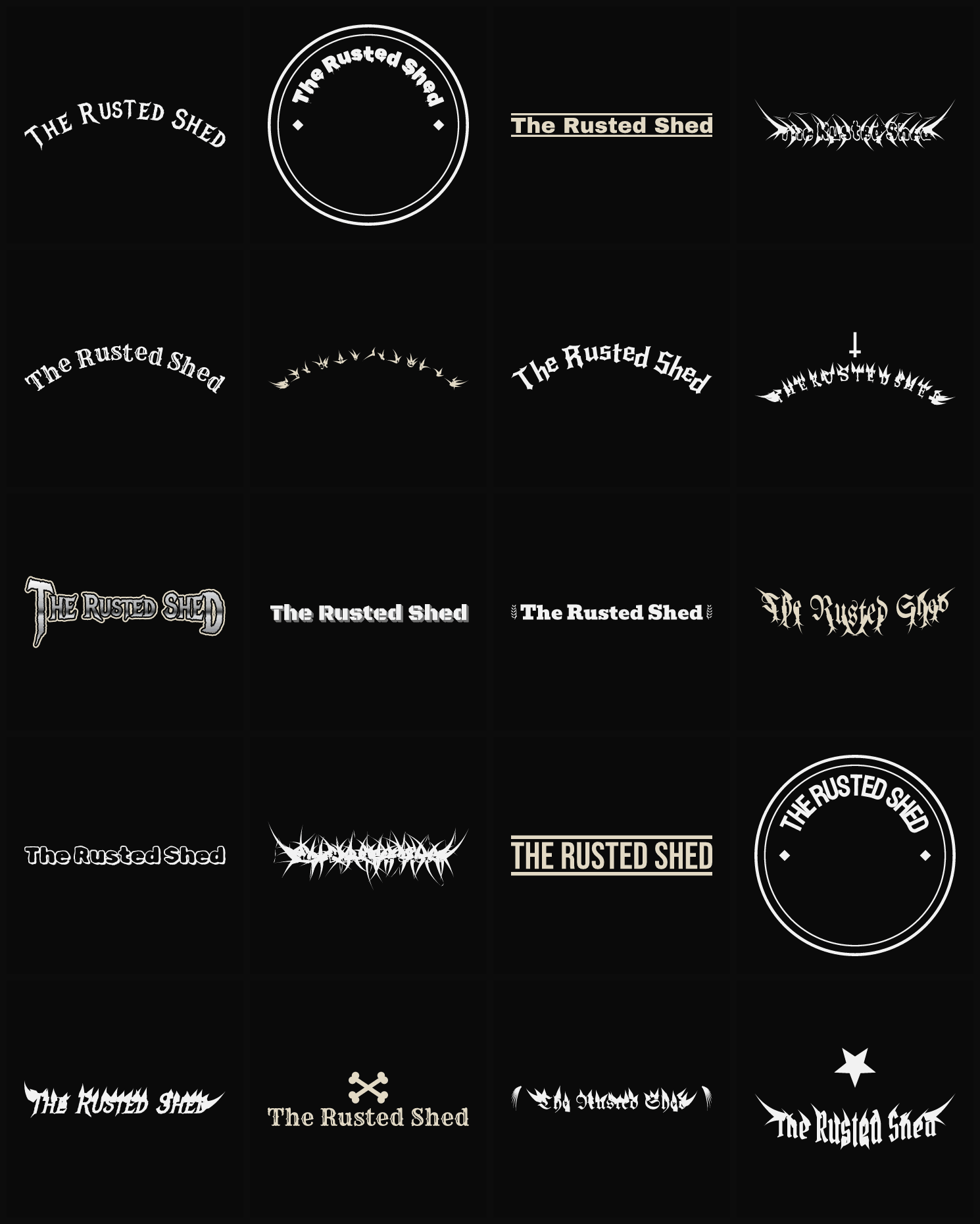 Twenty The Rusted Shed band logo ideas — different faces, treatments and spike settings
