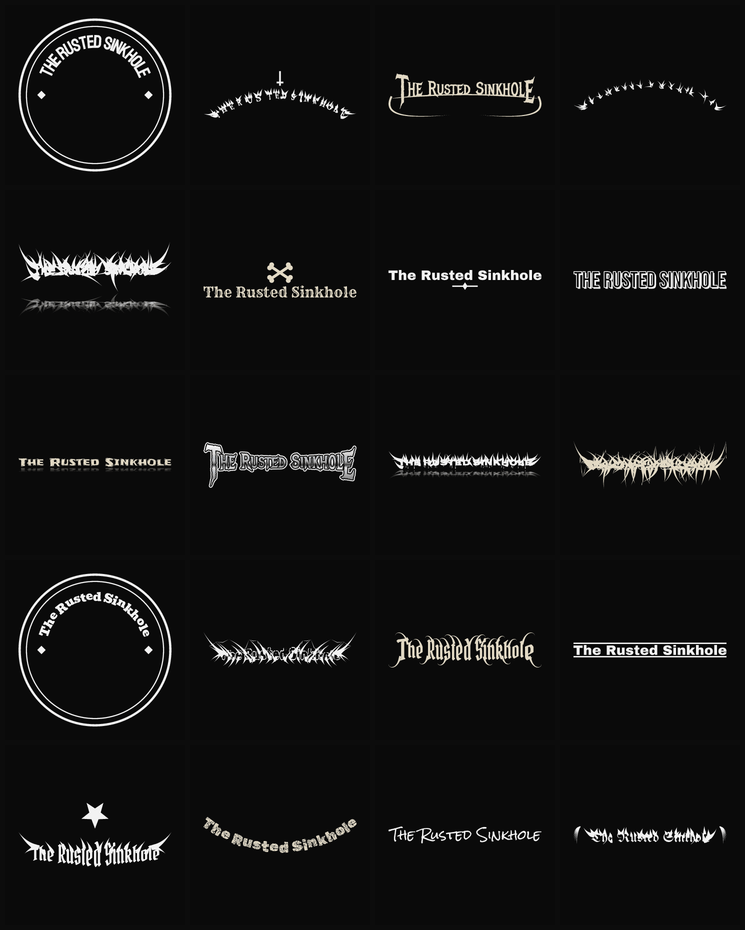 Twenty The Rusted Sinkhole band logo ideas — different faces, treatments and spike settings
