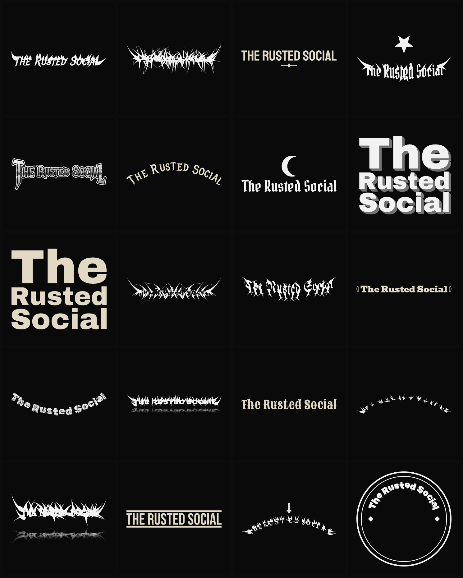 Twenty The Rusted Social band logo ideas — different faces, treatments and spike settings