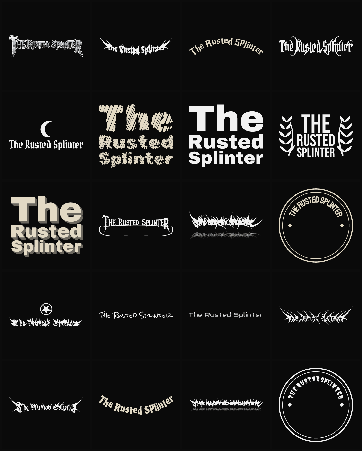 Twenty The Rusted Splinter band logo ideas — different faces, treatments and spike settings