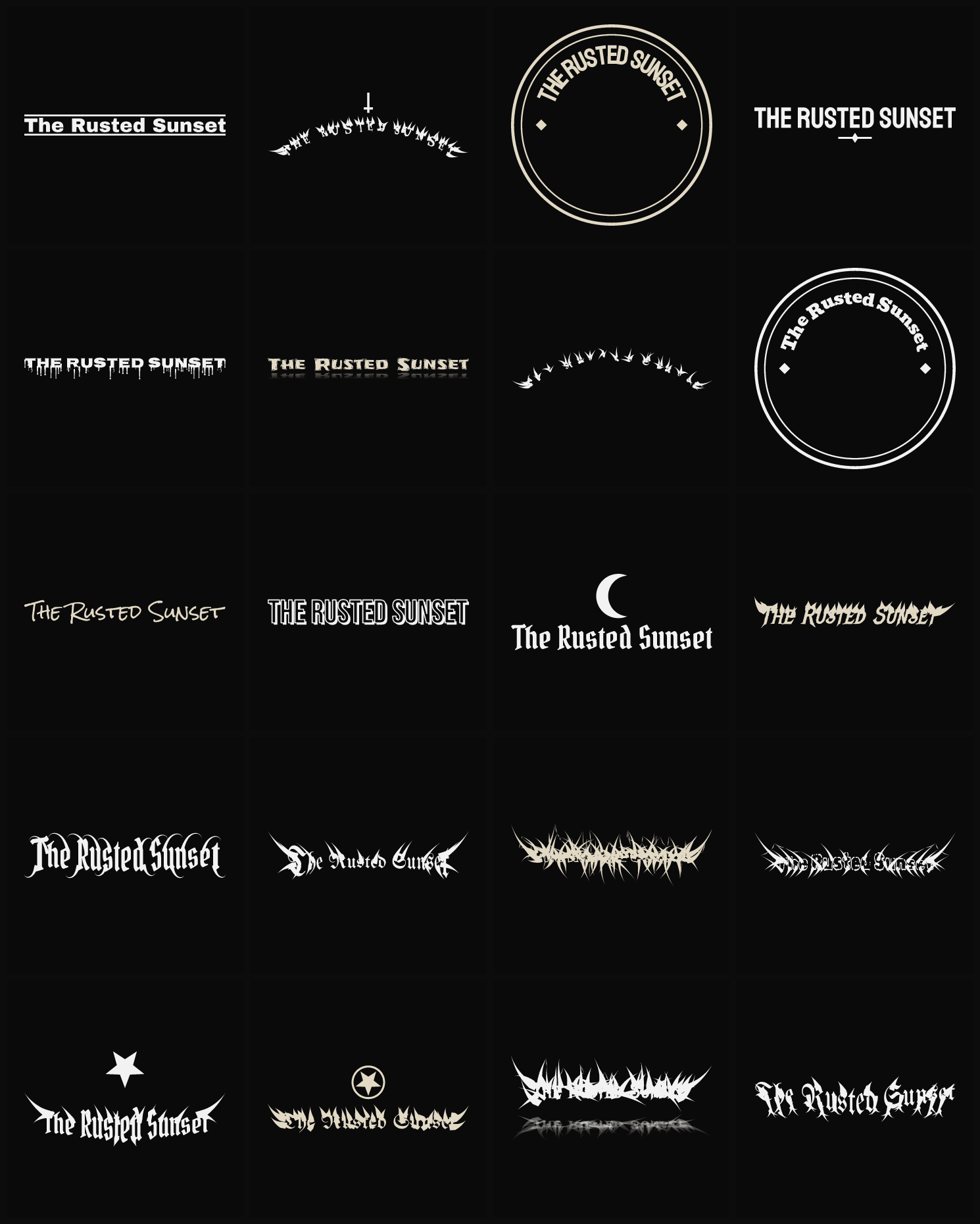 Twenty The Rusted Sunset band logo ideas — different faces, treatments and spike settings