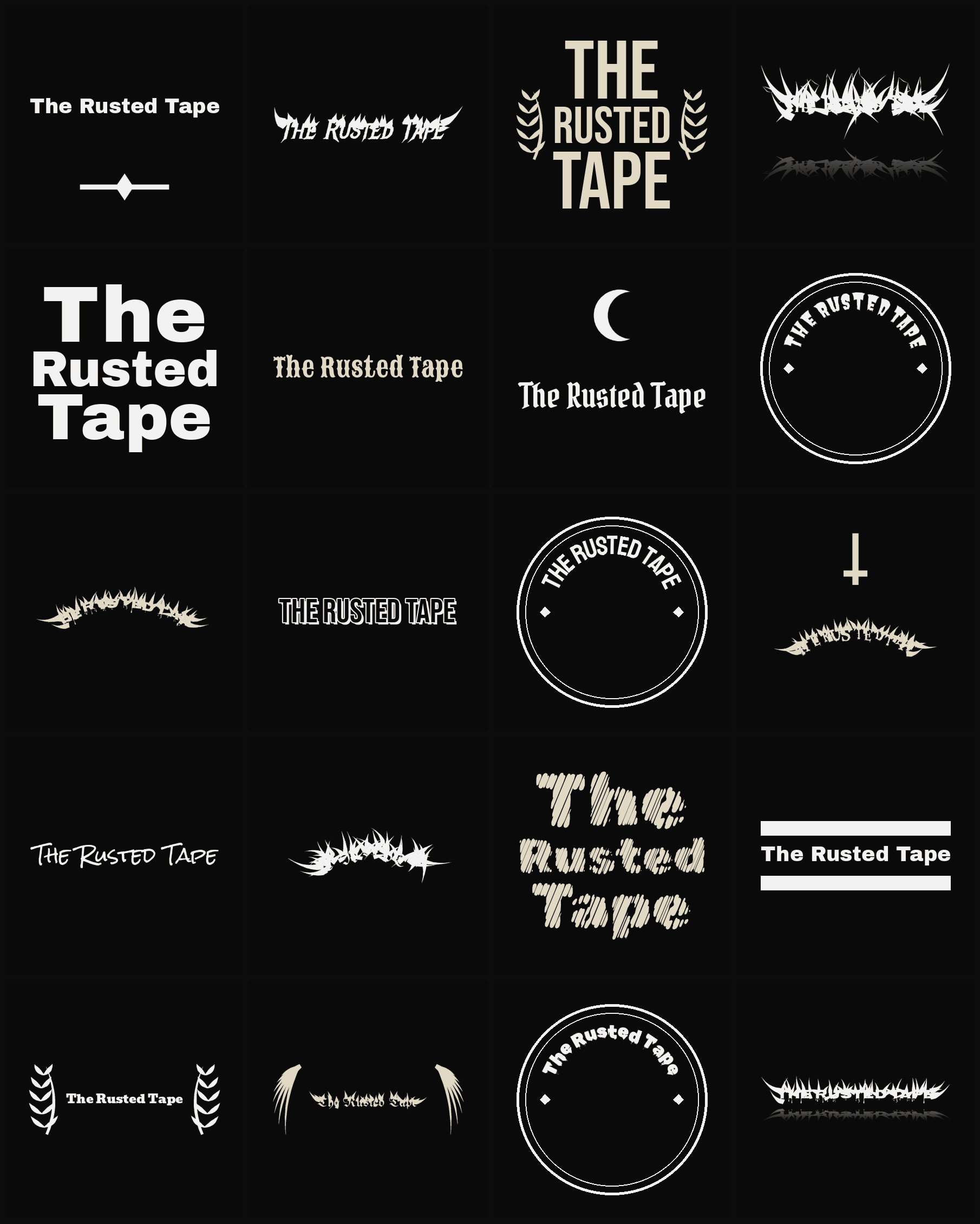 Twenty The Rusted Tape band logo ideas — different faces, treatments and spike settings