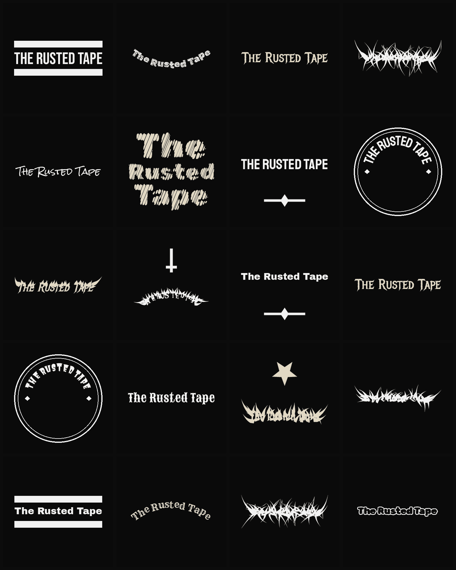 Twenty The Rusted Tape band logo ideas — different faces, treatments and spike settings