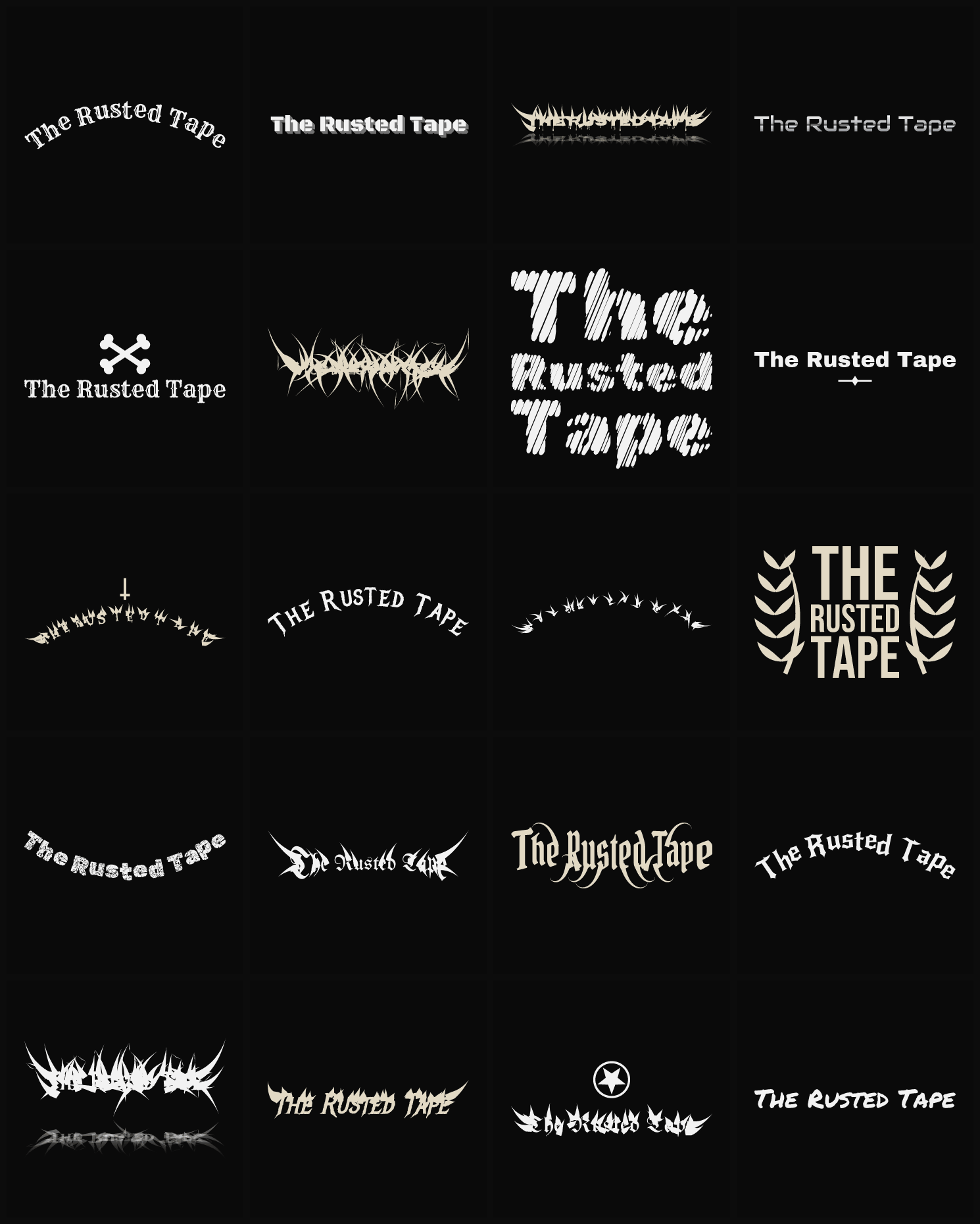Twenty The Rusted Tape band logo ideas — different faces, treatments and spike settings