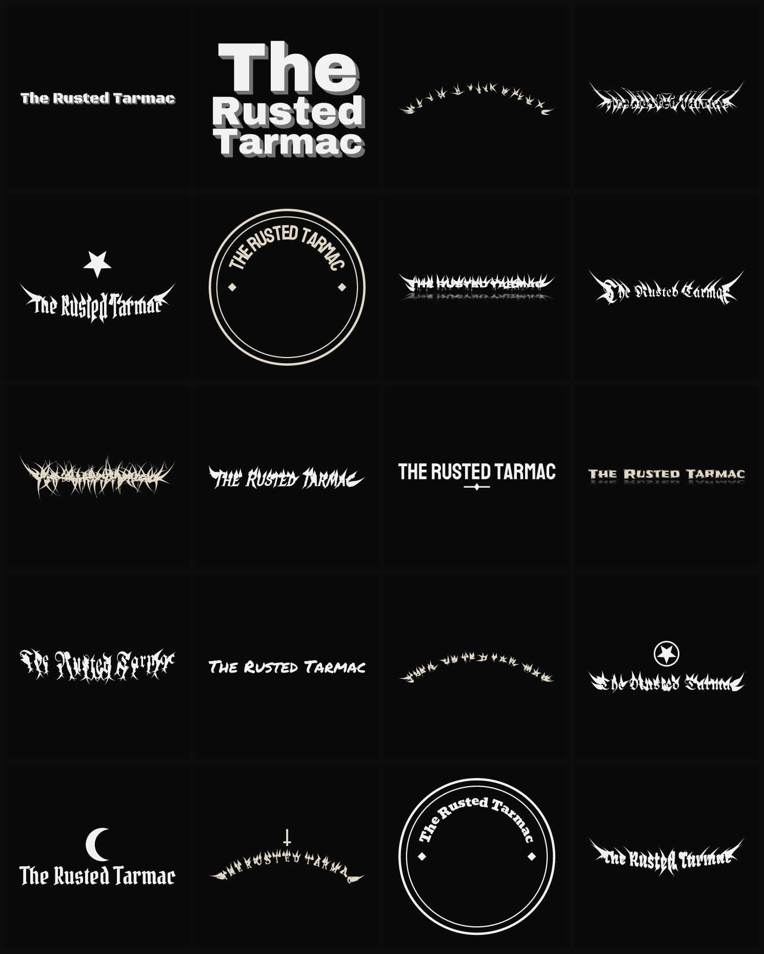 Twenty The Rusted Tarmac band logo ideas — different faces, treatments and spike settings