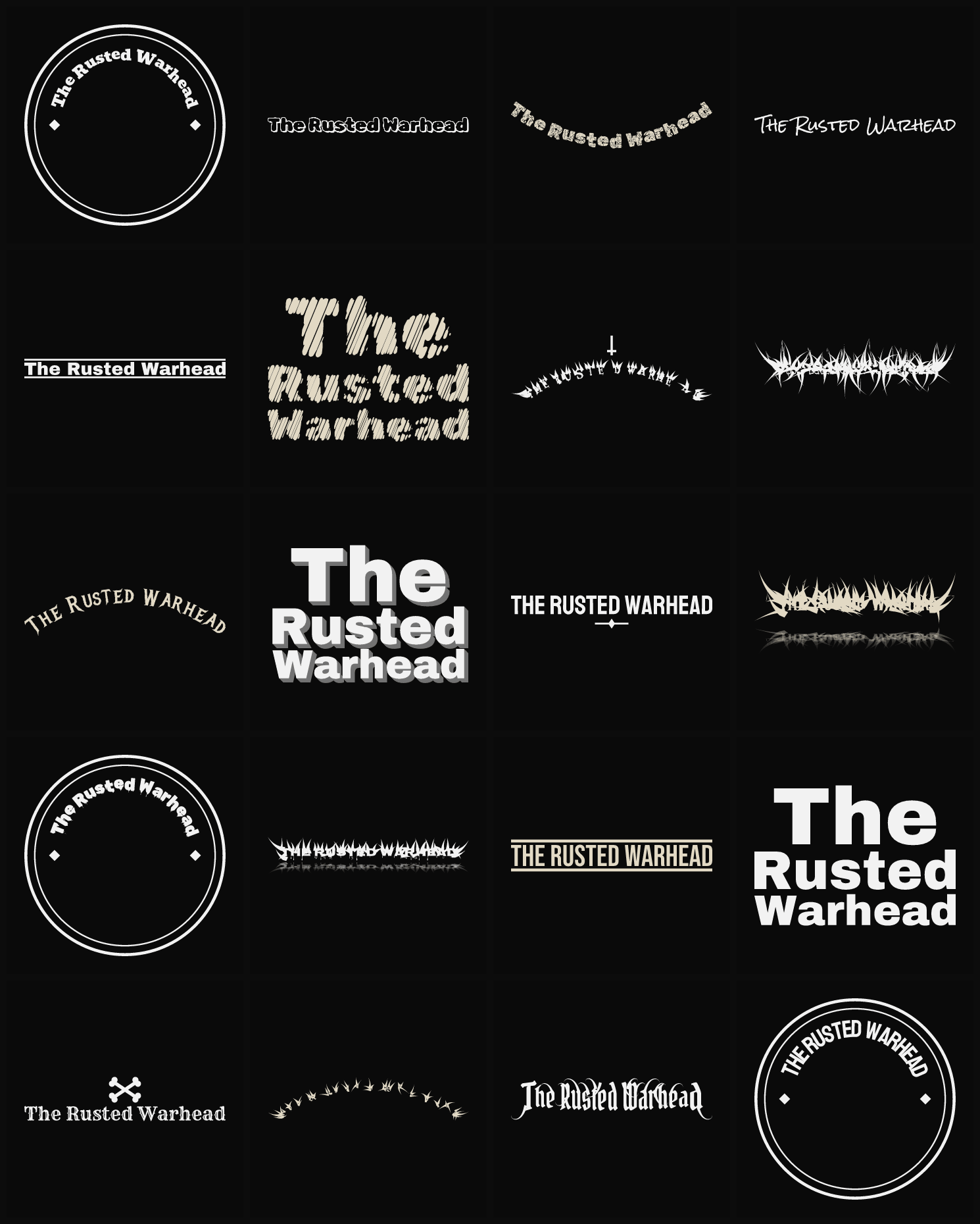 Twenty The Rusted Warhead band logo ideas — different faces, treatments and spike settings