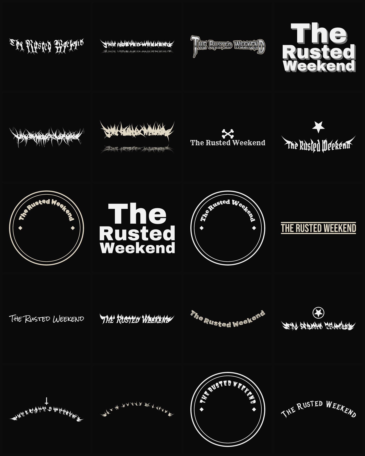 Twenty The Rusted Weekend band logo ideas — different faces, treatments and spike settings