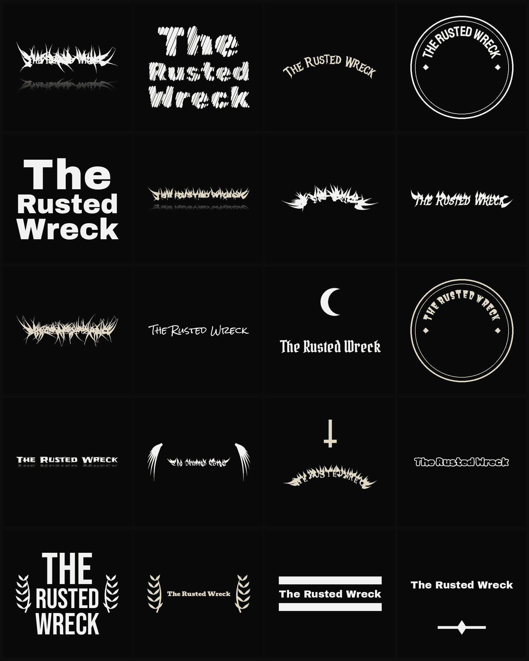 Twenty The Rusted Wreck band logo ideas — different faces, treatments and spike settings