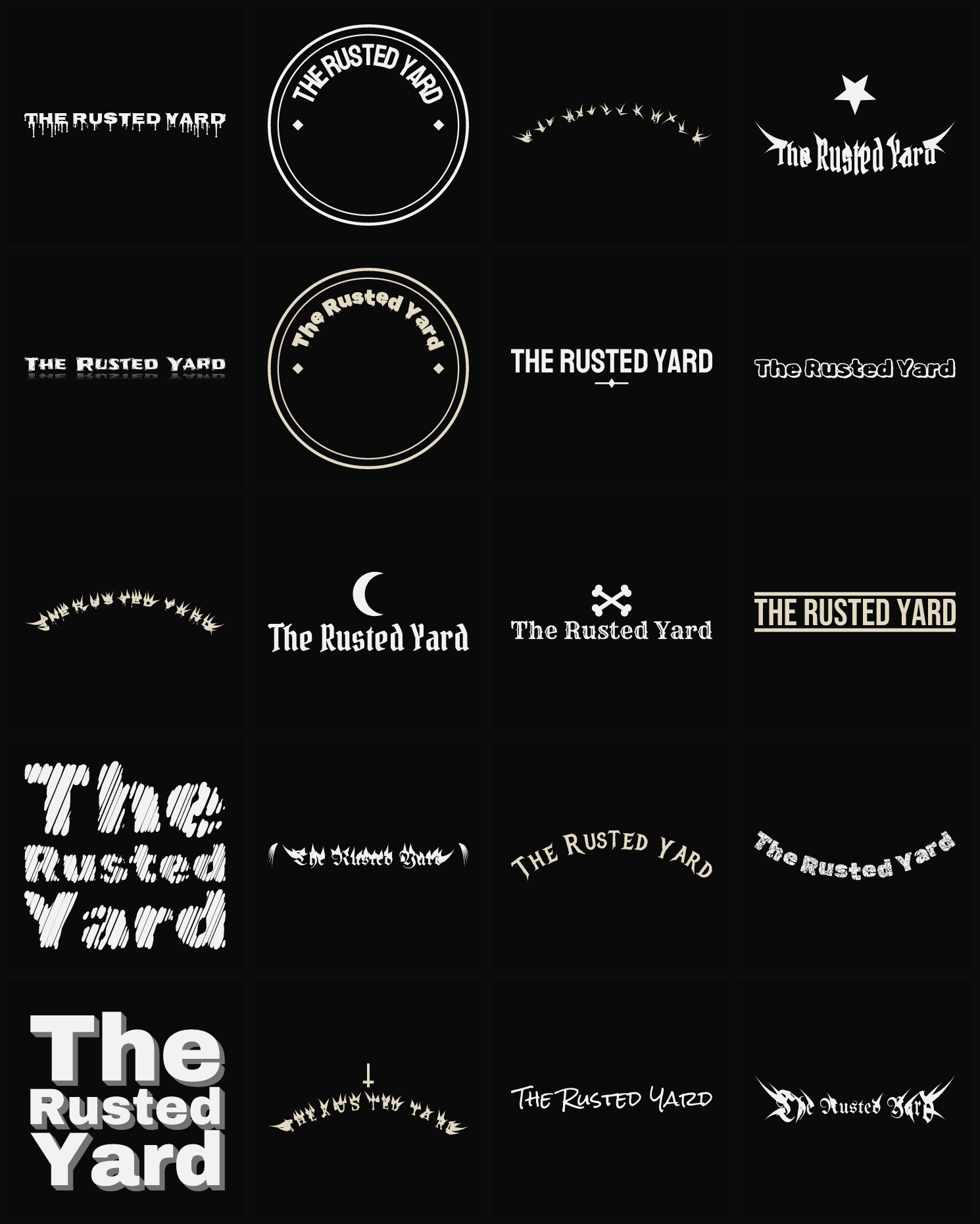 Twenty The Rusted Yard band logo ideas — different faces, treatments and spike settings