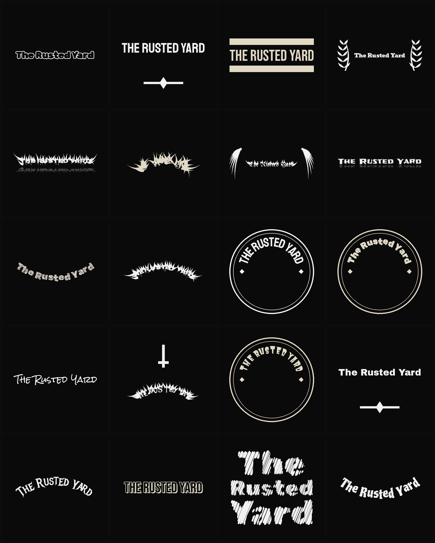 Twenty The Rusted Yard band logo ideas — different faces, treatments and spike settings