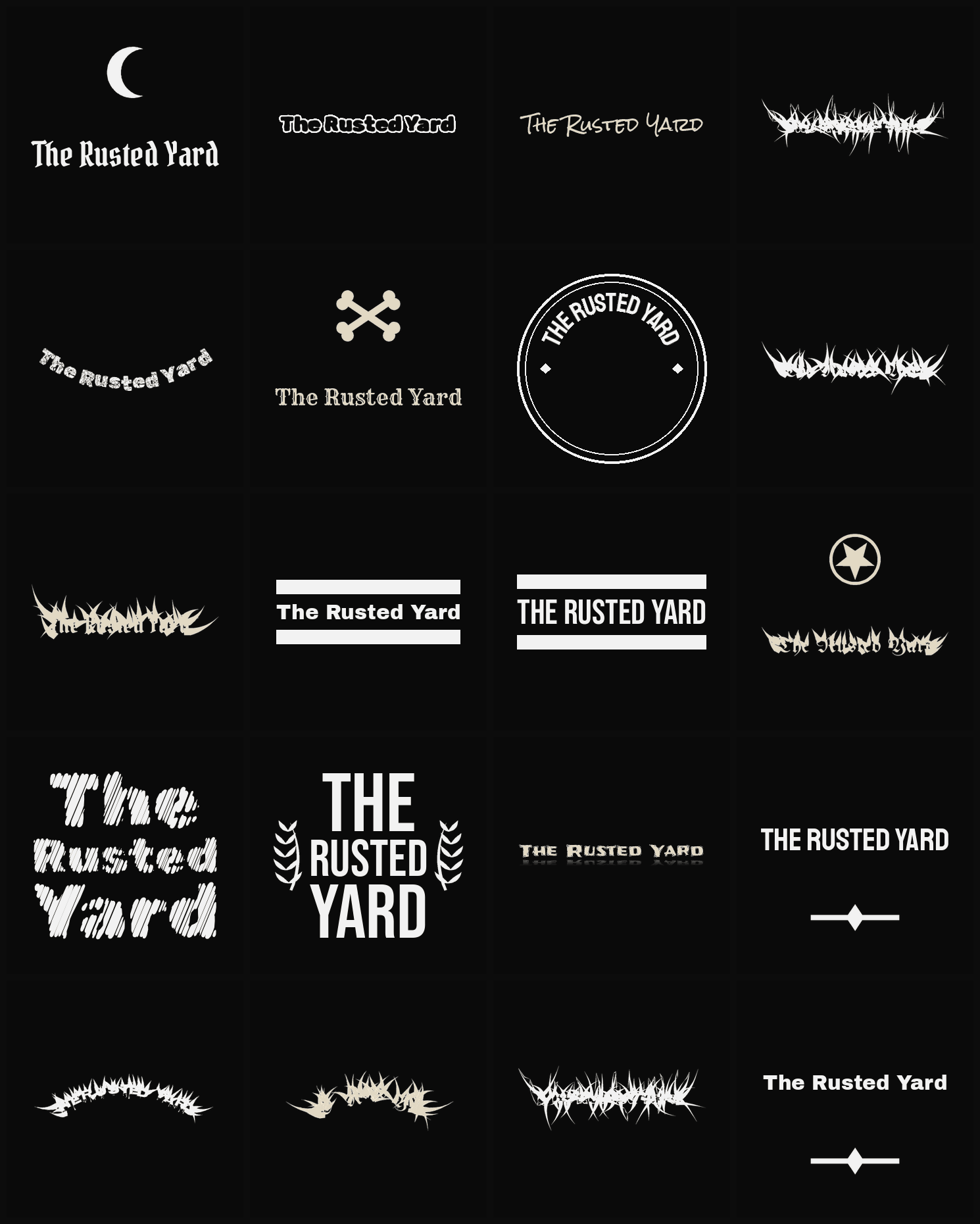 Twenty The Rusted Yard band logo ideas — different faces, treatments and spike settings