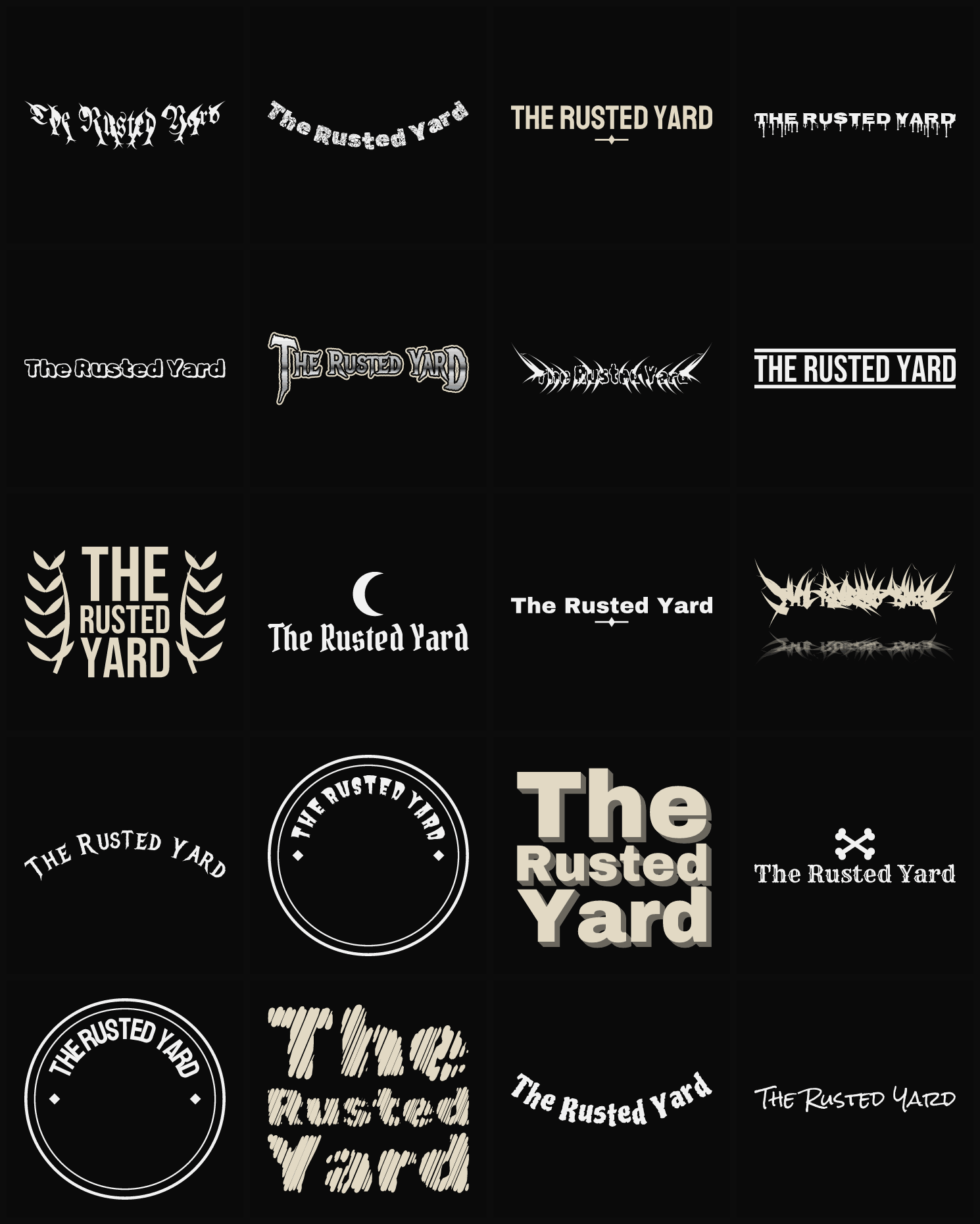 Twenty The Rusted Yard band logo ideas — different faces, treatments and spike settings