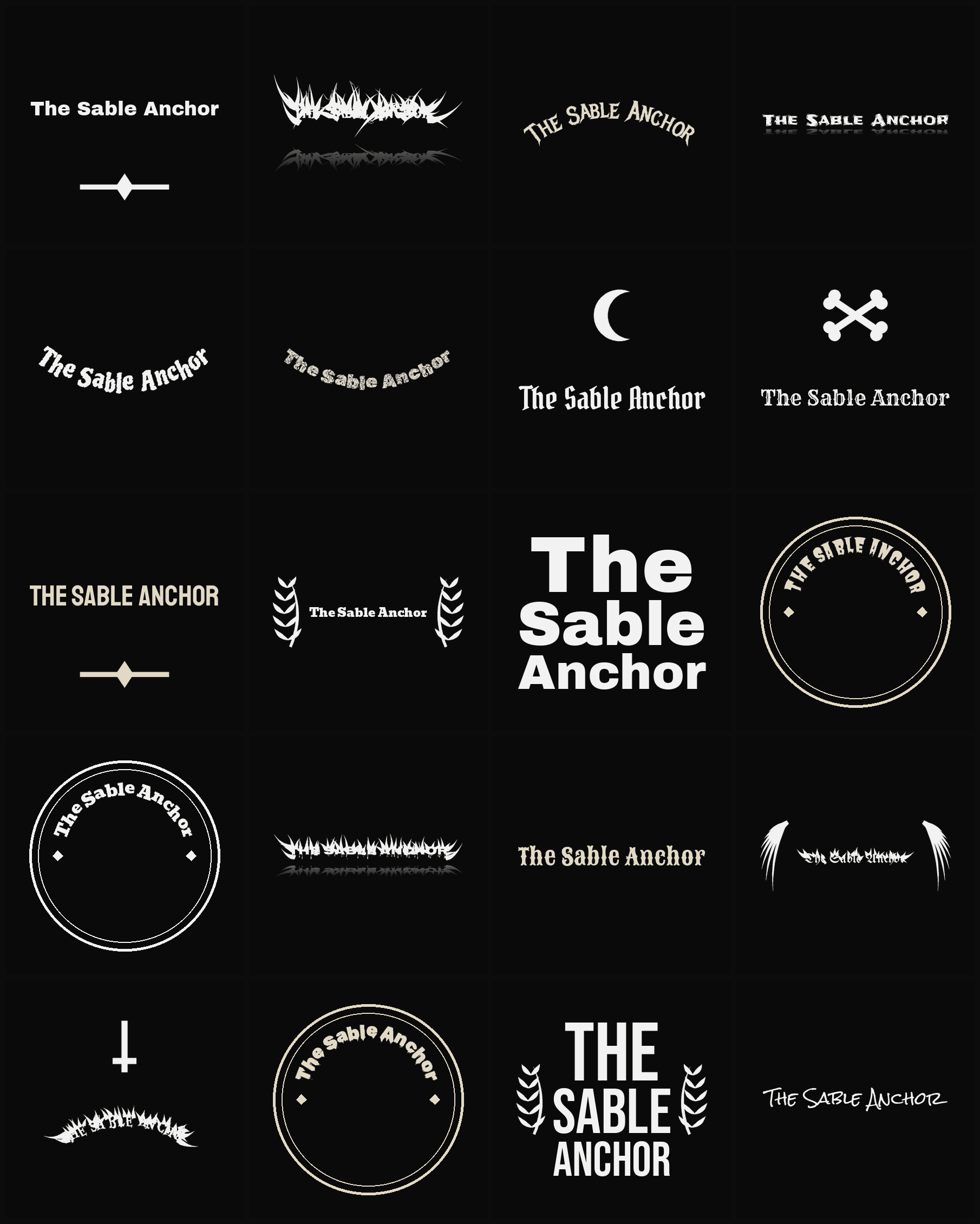 Twenty The Sable Anchor band logo ideas — different faces, treatments and spike settings