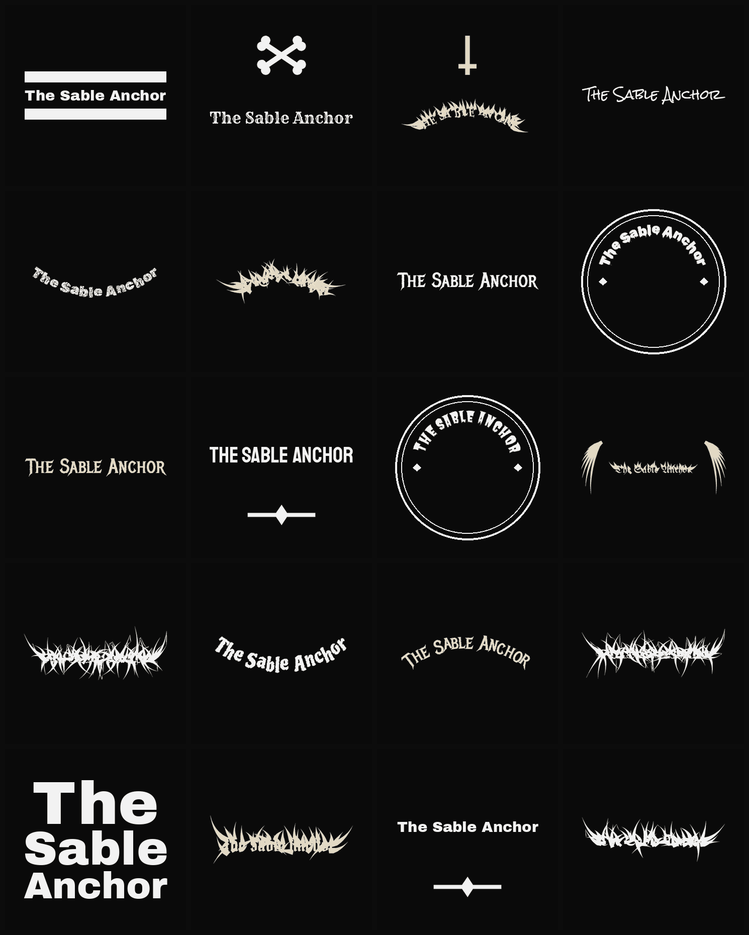 Twenty The Sable Anchor band logo ideas — different faces, treatments and spike settings
