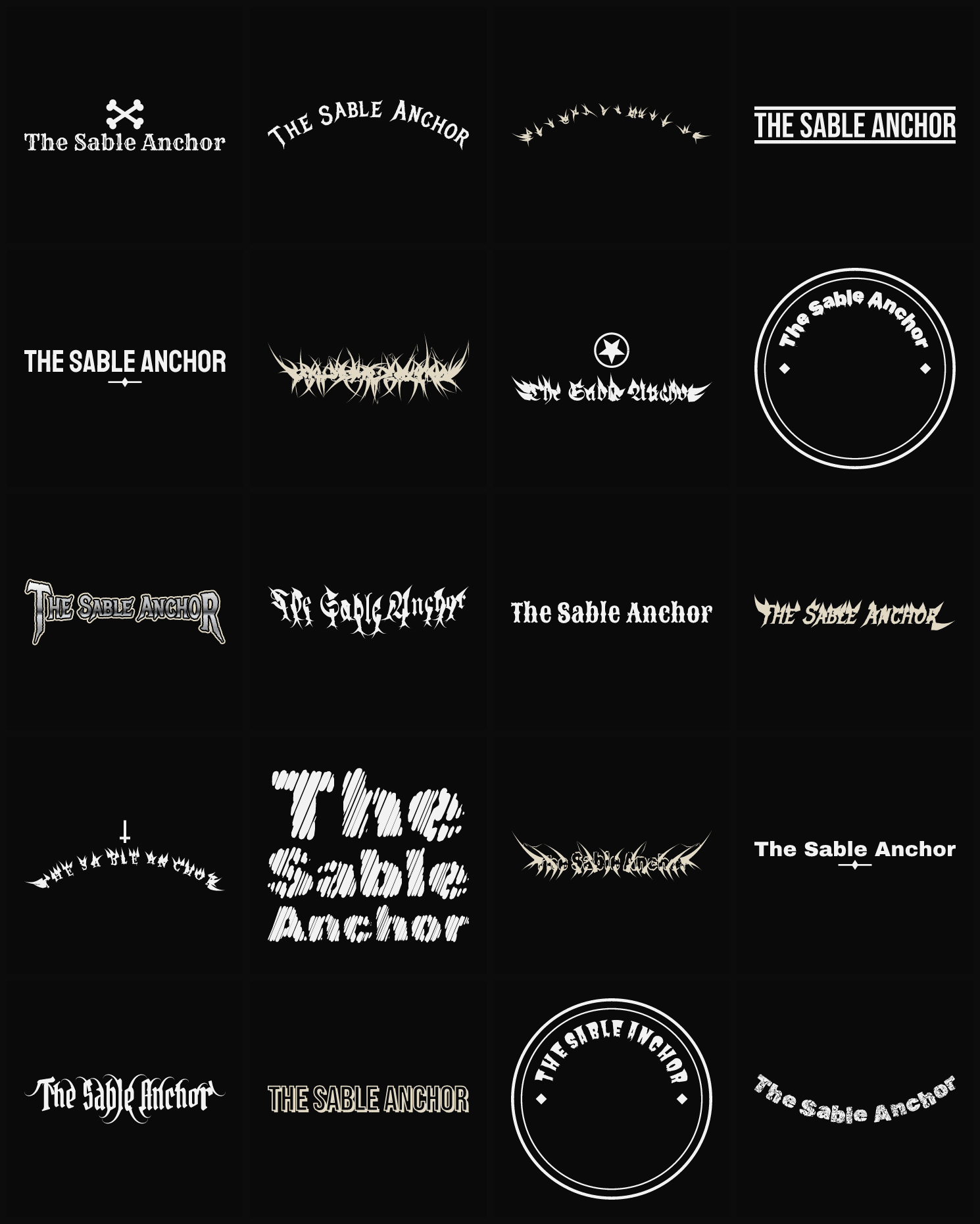 Twenty The Sable Anchor band logo ideas — different faces, treatments and spike settings