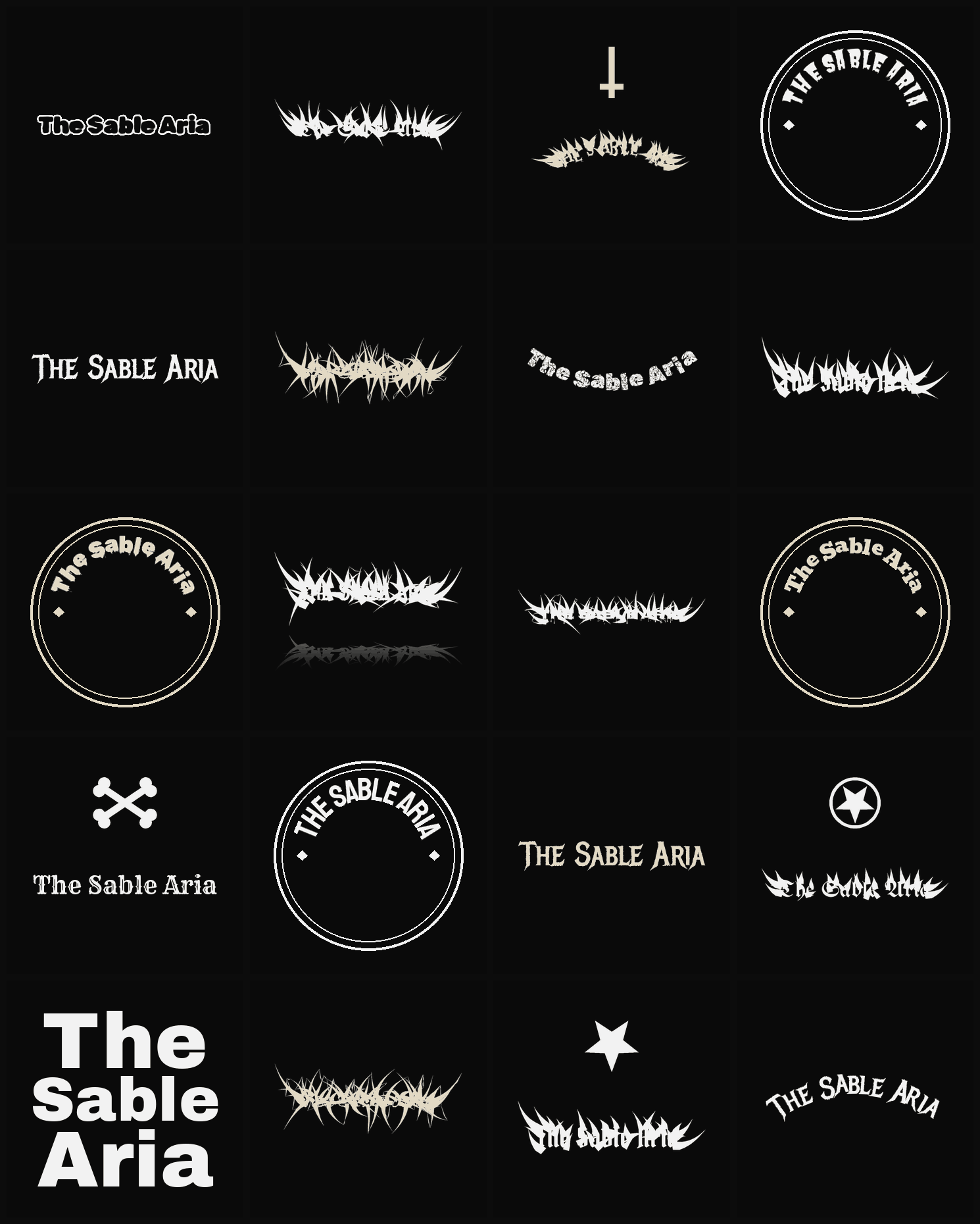 Twenty The Sable Aria band logo ideas — different faces, treatments and spike settings