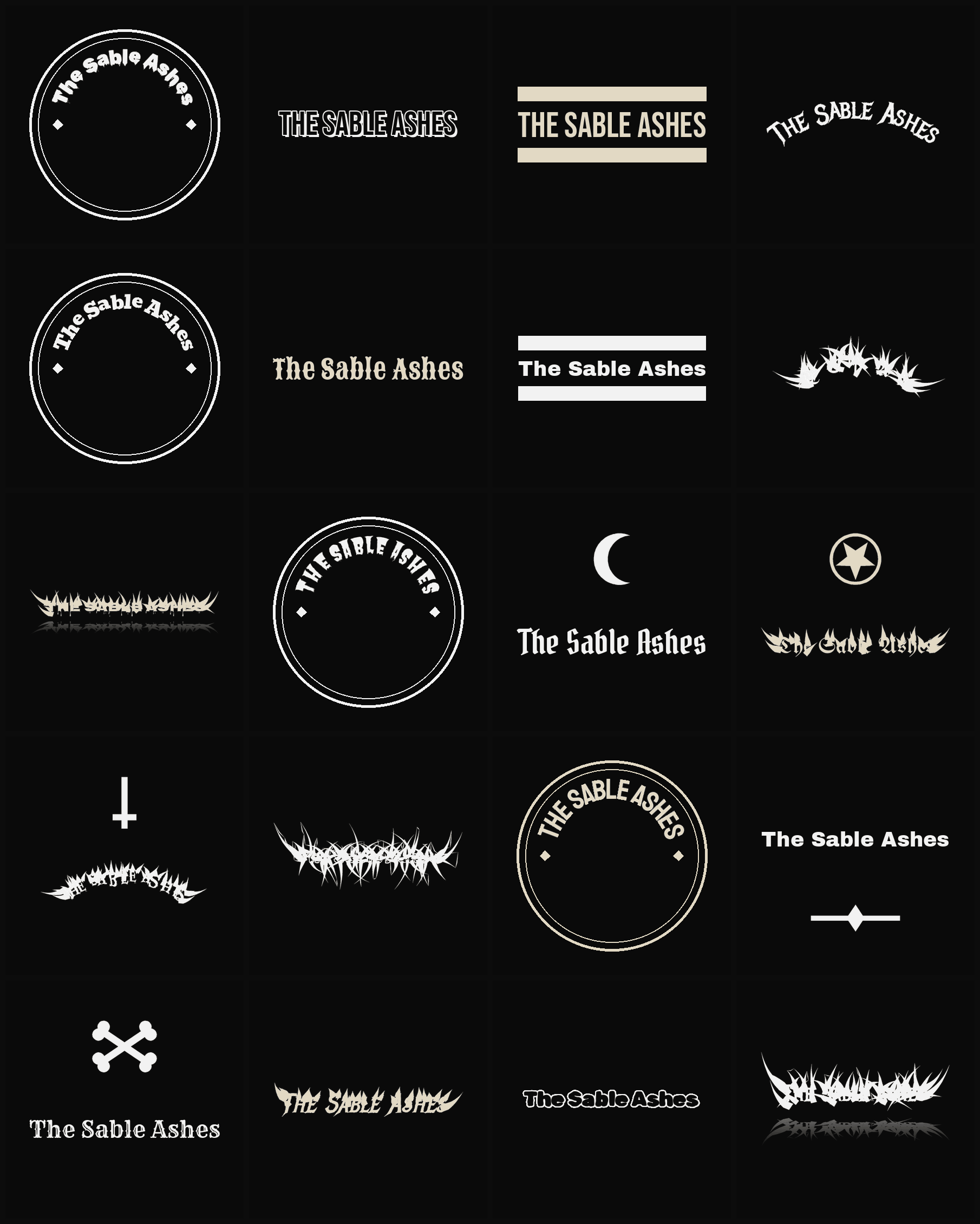 Twenty The Sable Ashes band logo ideas — different faces, treatments and spike settings