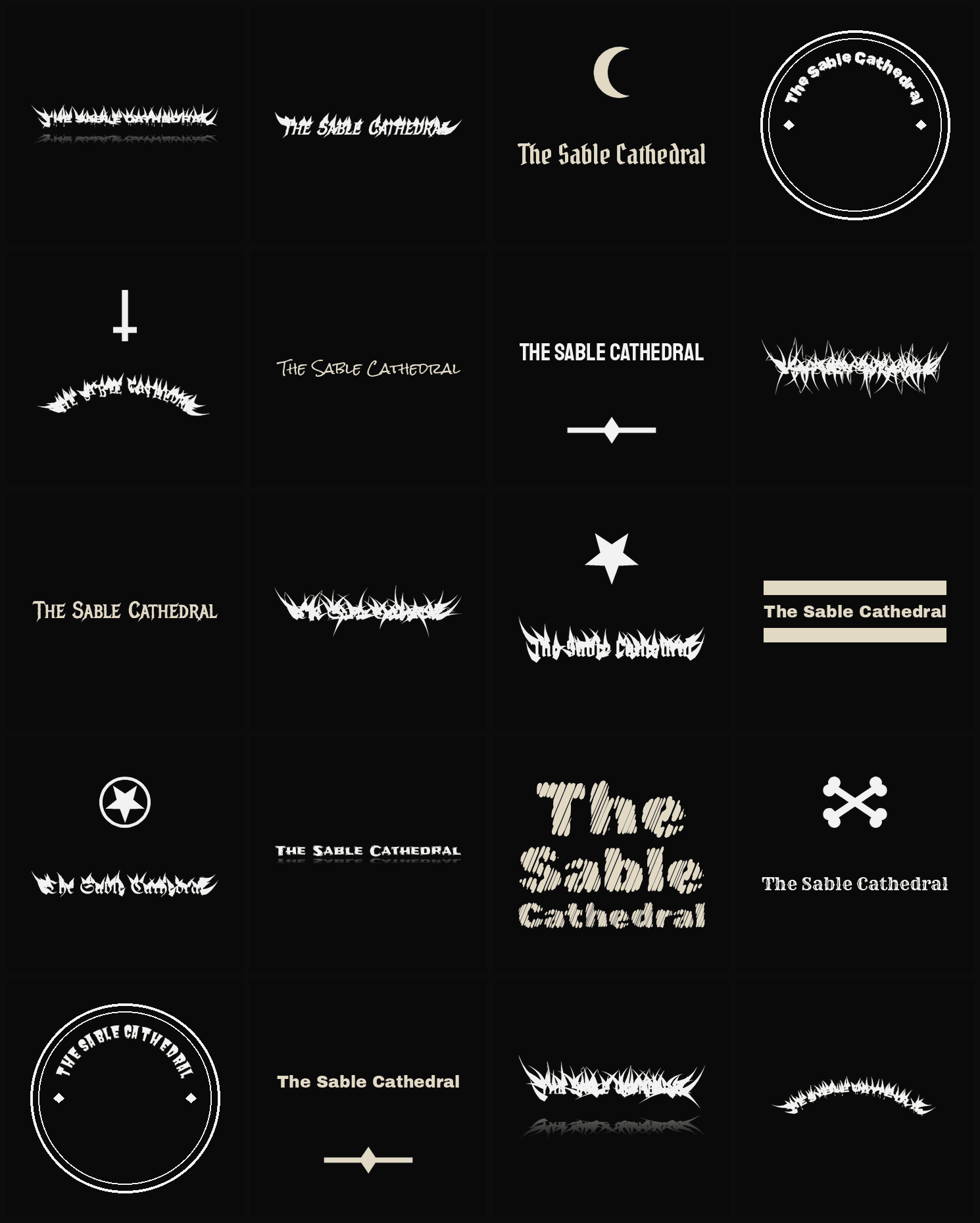 Twenty The Sable Cathedral band logo ideas — different faces, treatments and spike settings