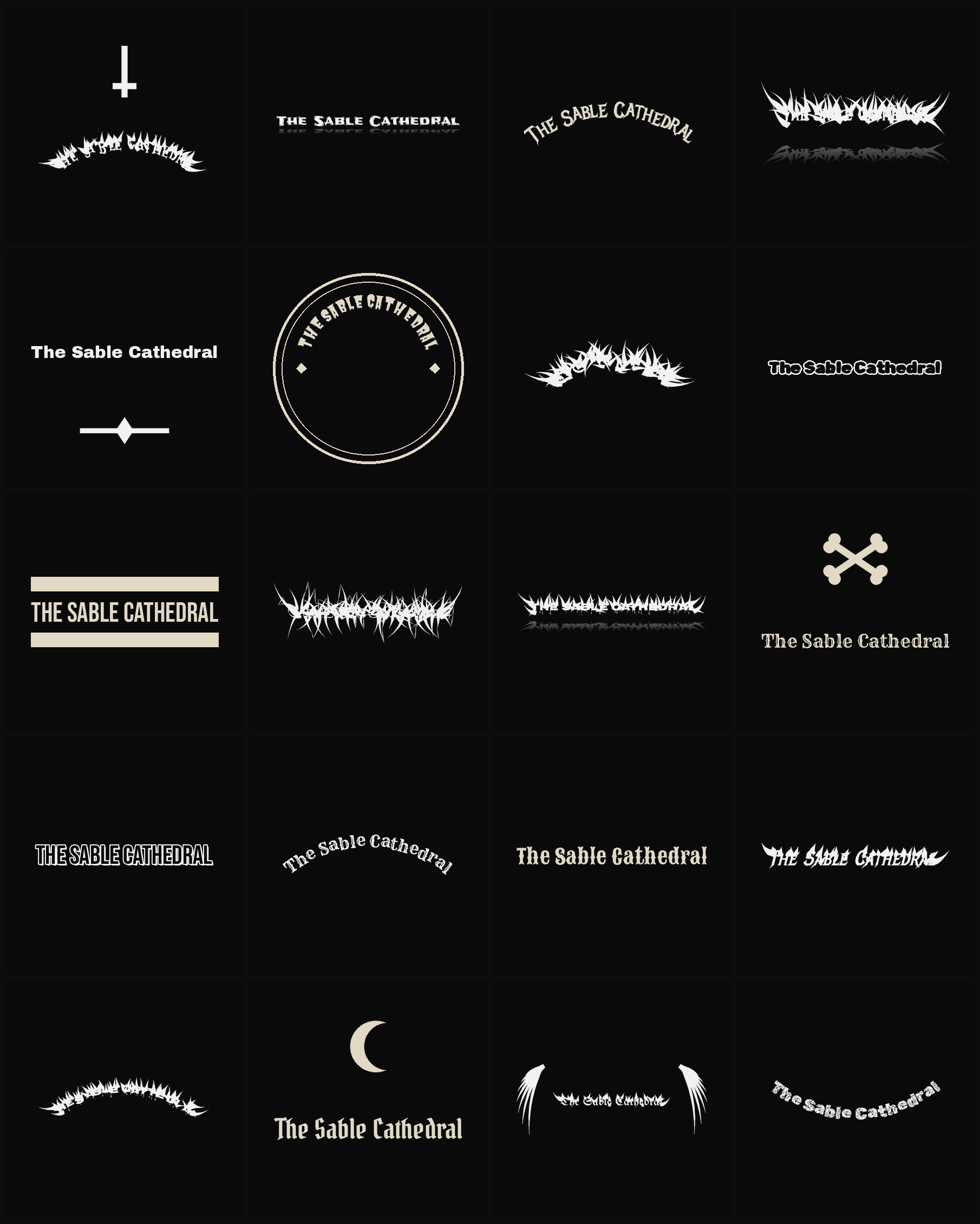Twenty The Sable Cathedral band logo ideas — different faces, treatments and spike settings