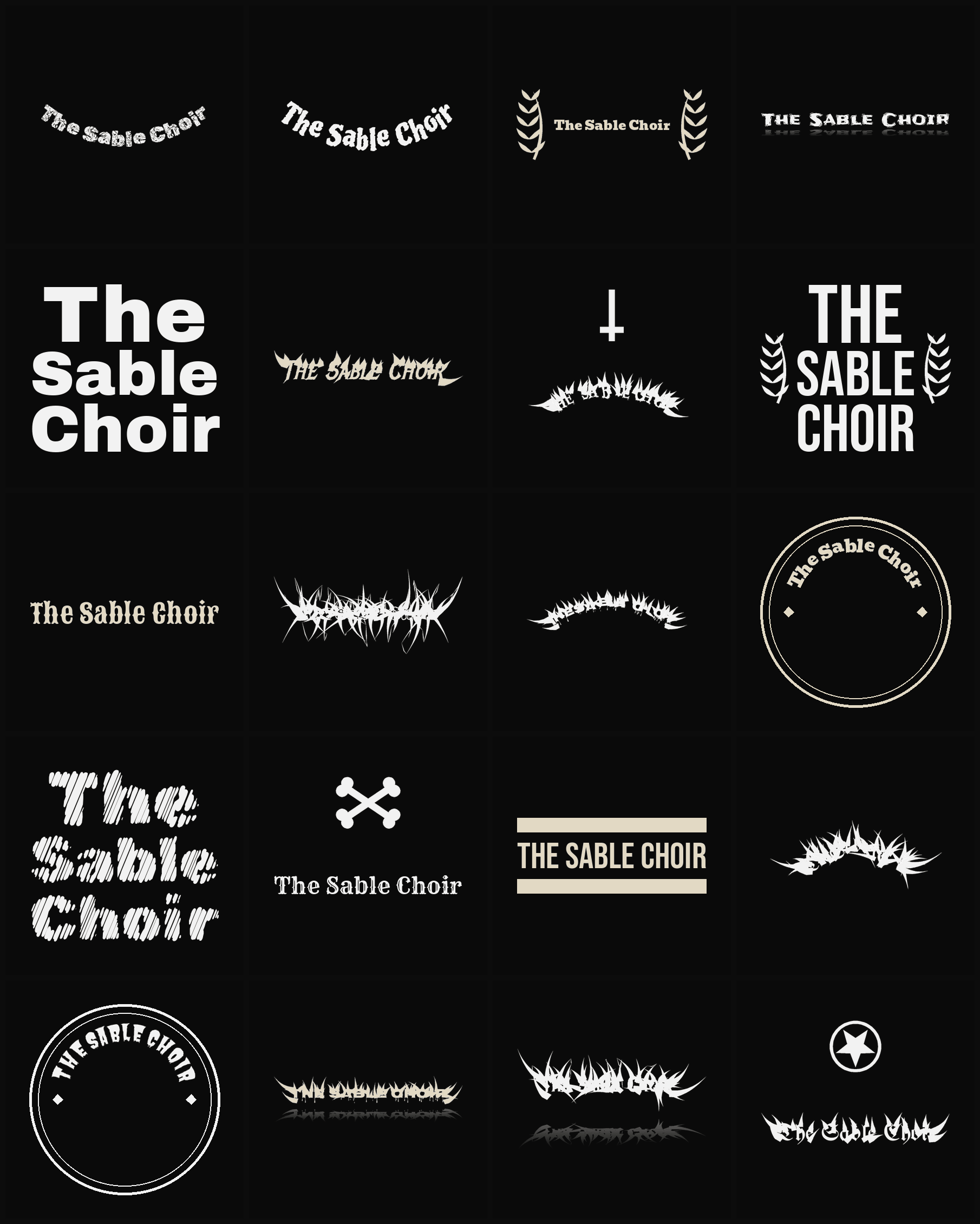 Twenty The Sable Choir band logo ideas — different faces, treatments and spike settings