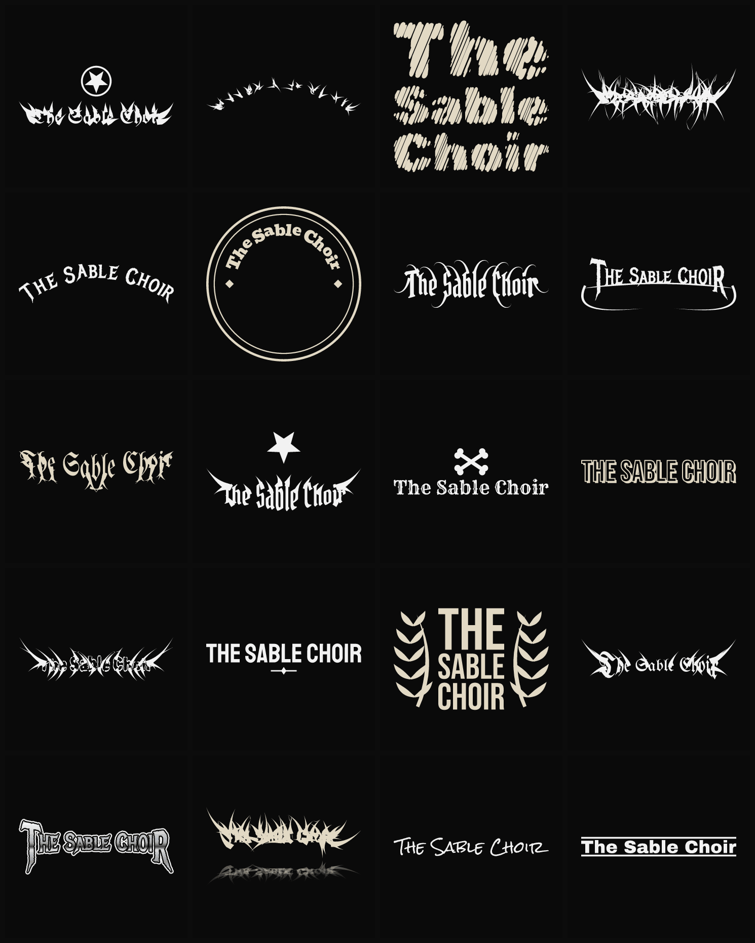 Twenty The Sable Choir band logo ideas — different faces, treatments and spike settings
