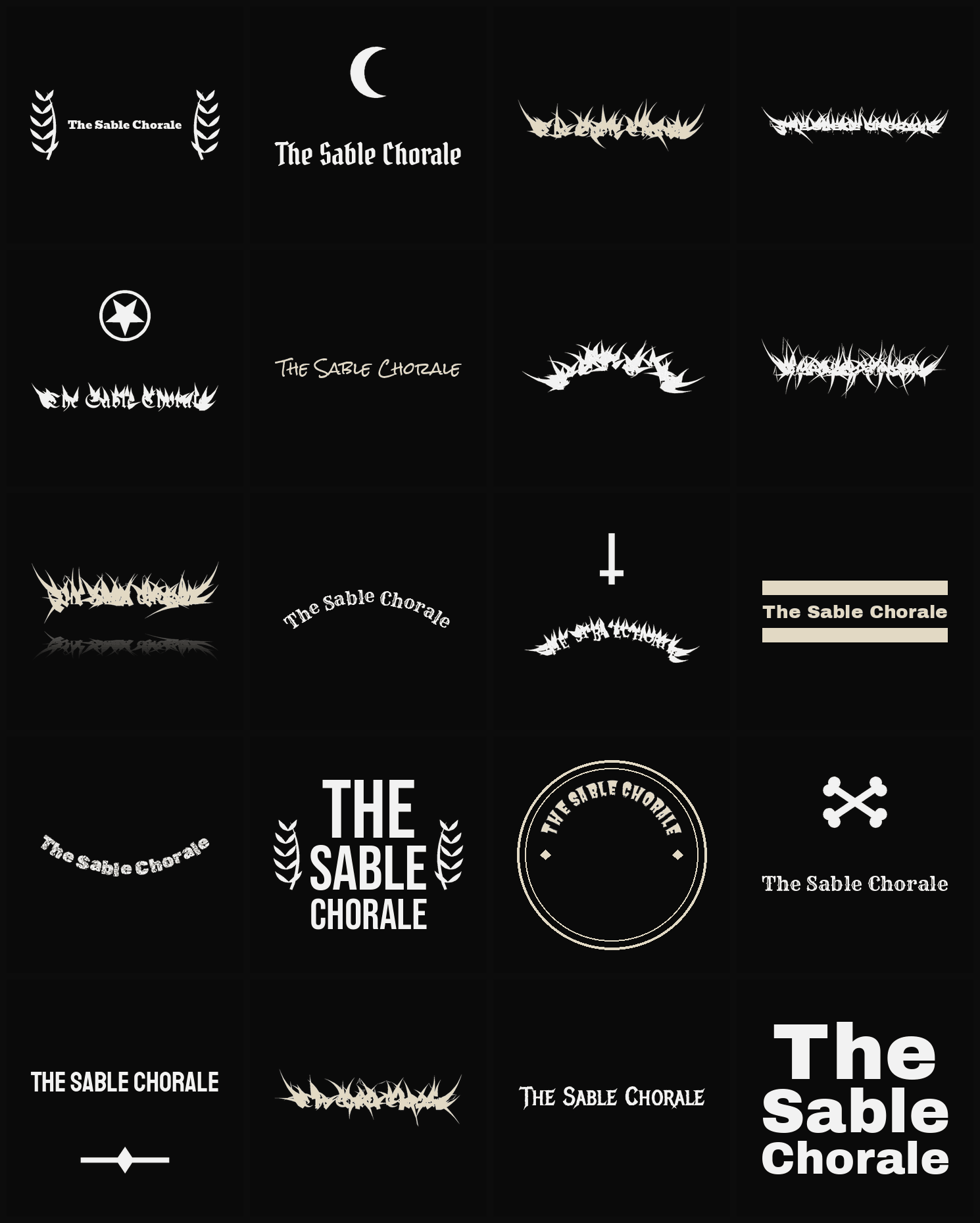 Twenty The Sable Chorale band logo ideas — different faces, treatments and spike settings