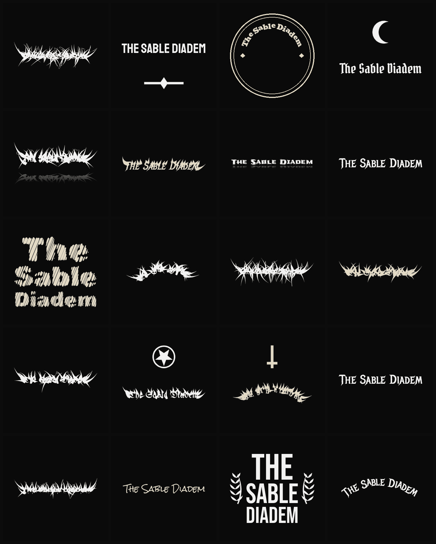 Twenty The Sable Diadem band logo ideas — different faces, treatments and spike settings