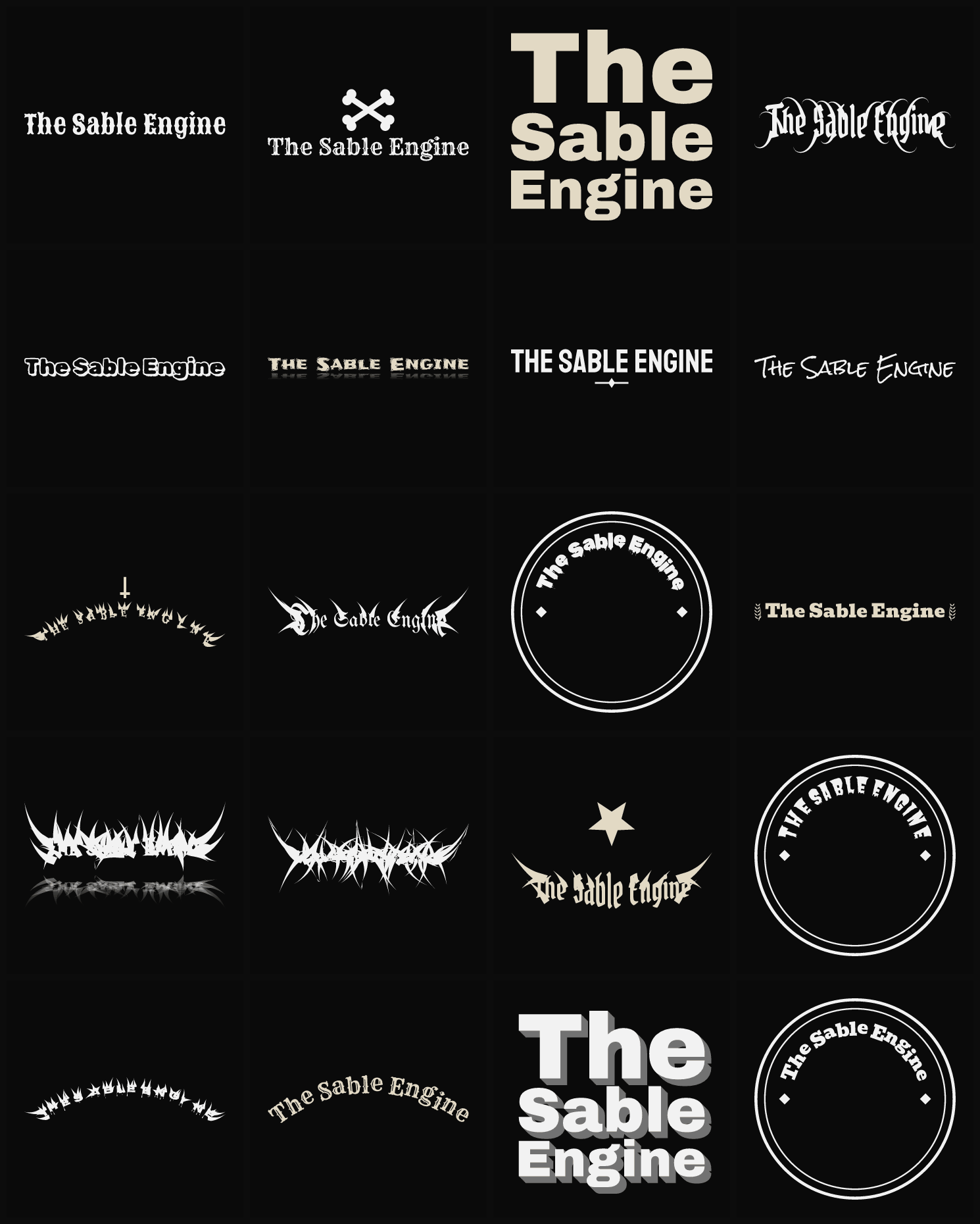 Twenty The Sable Engine band logo ideas — different faces, treatments and spike settings