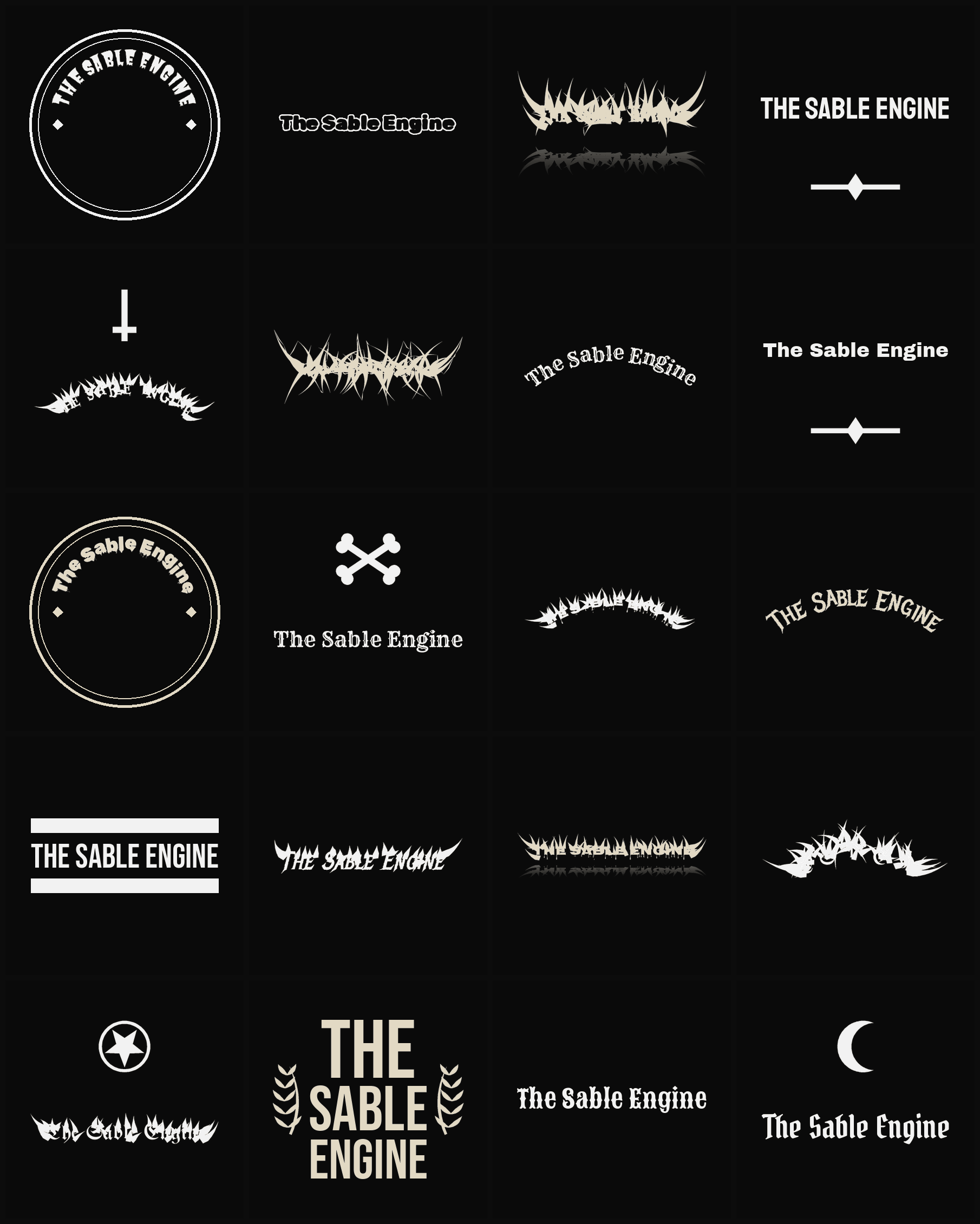 Twenty The Sable Engine band logo ideas — different faces, treatments and spike settings