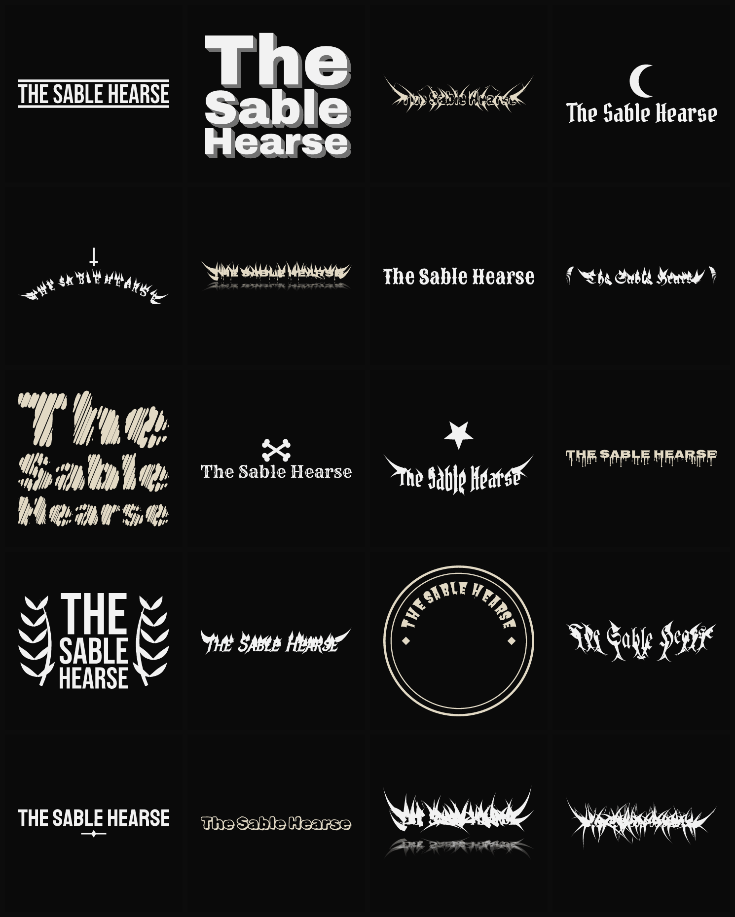 Twenty The Sable Hearse band logo ideas — different faces, treatments and spike settings