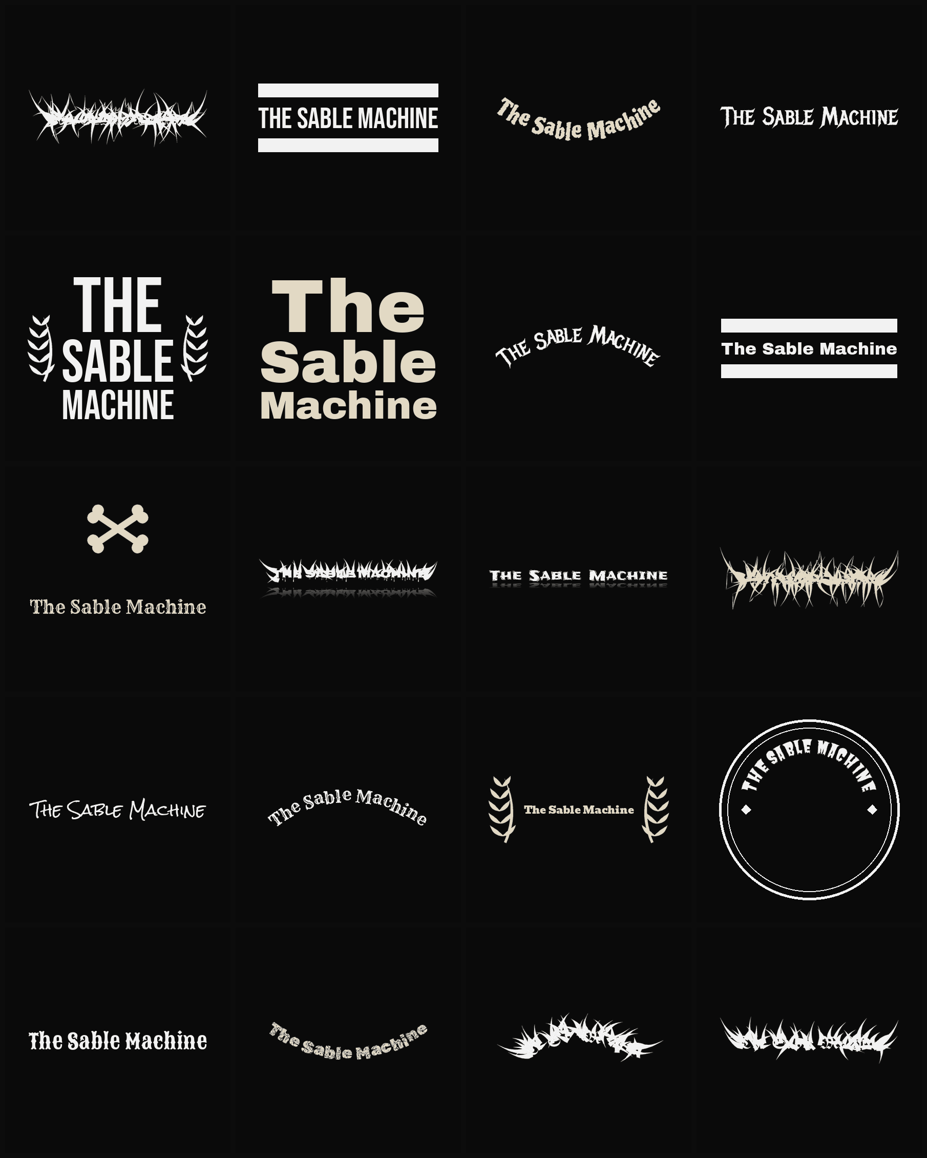 Twenty The Sable Machine band logo ideas — different faces, treatments and spike settings